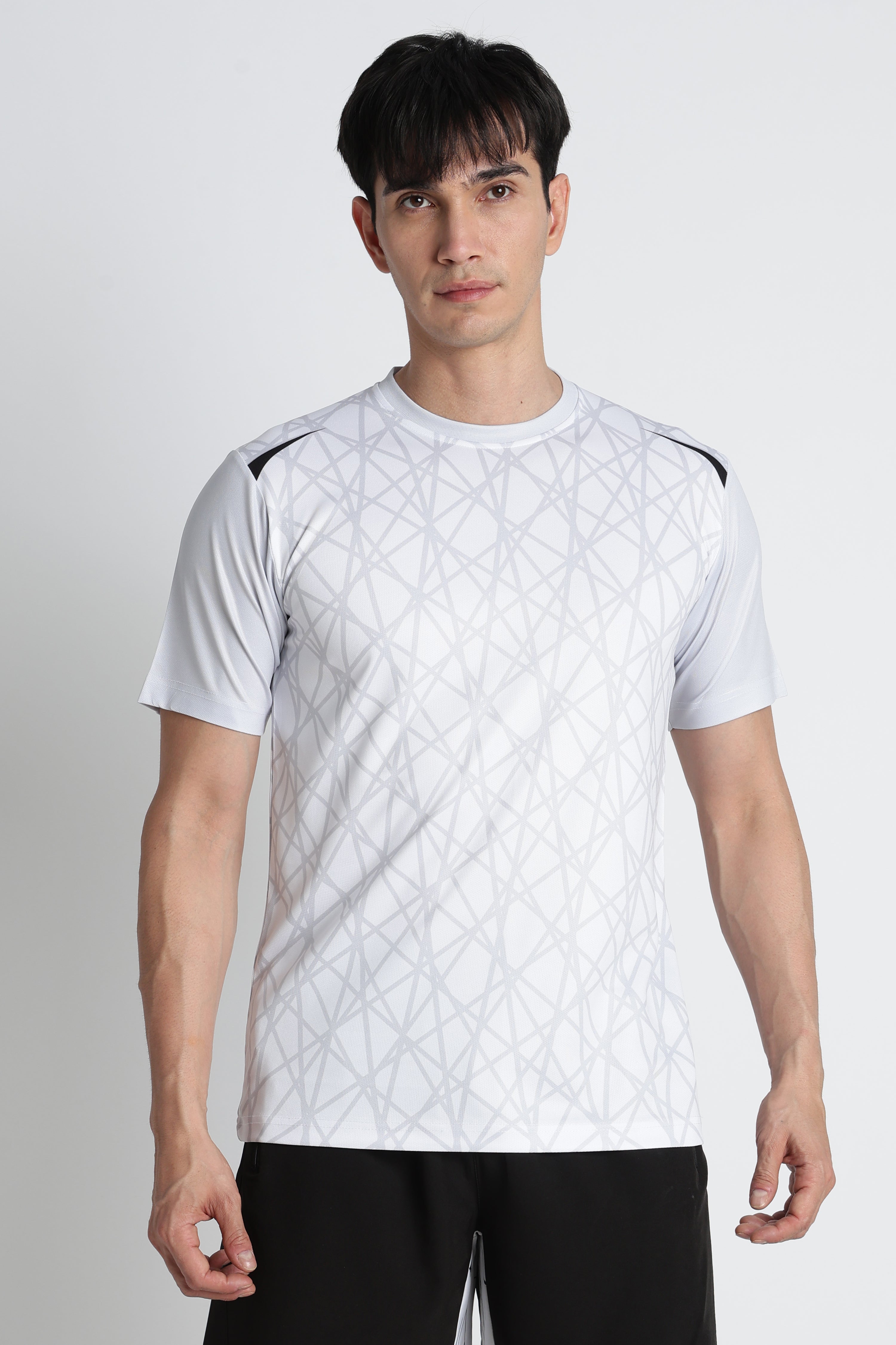 White Geometric Tee – Breathable Activewear for Workouts