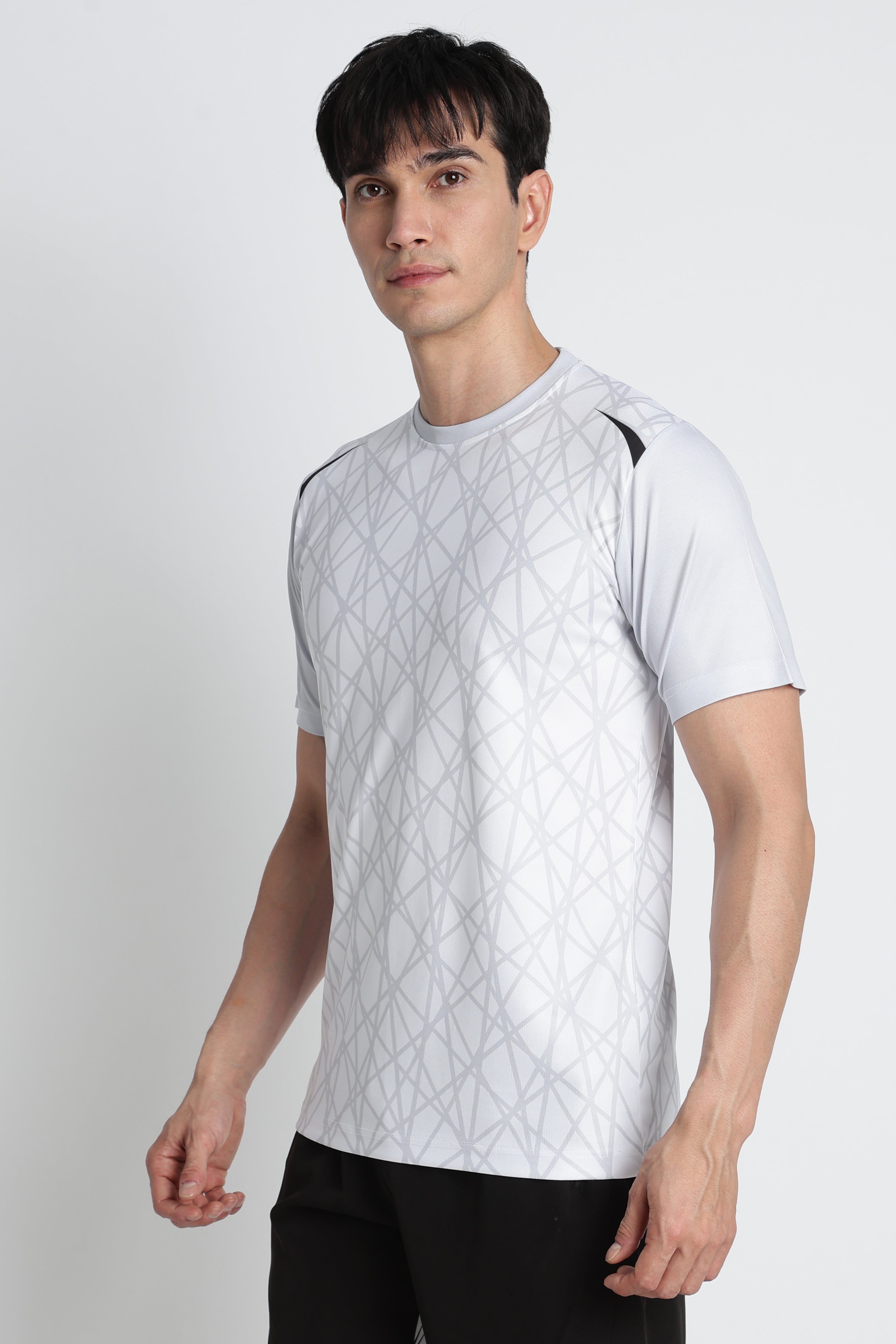 White Geometric Tee – Breathable Activewear for Workouts