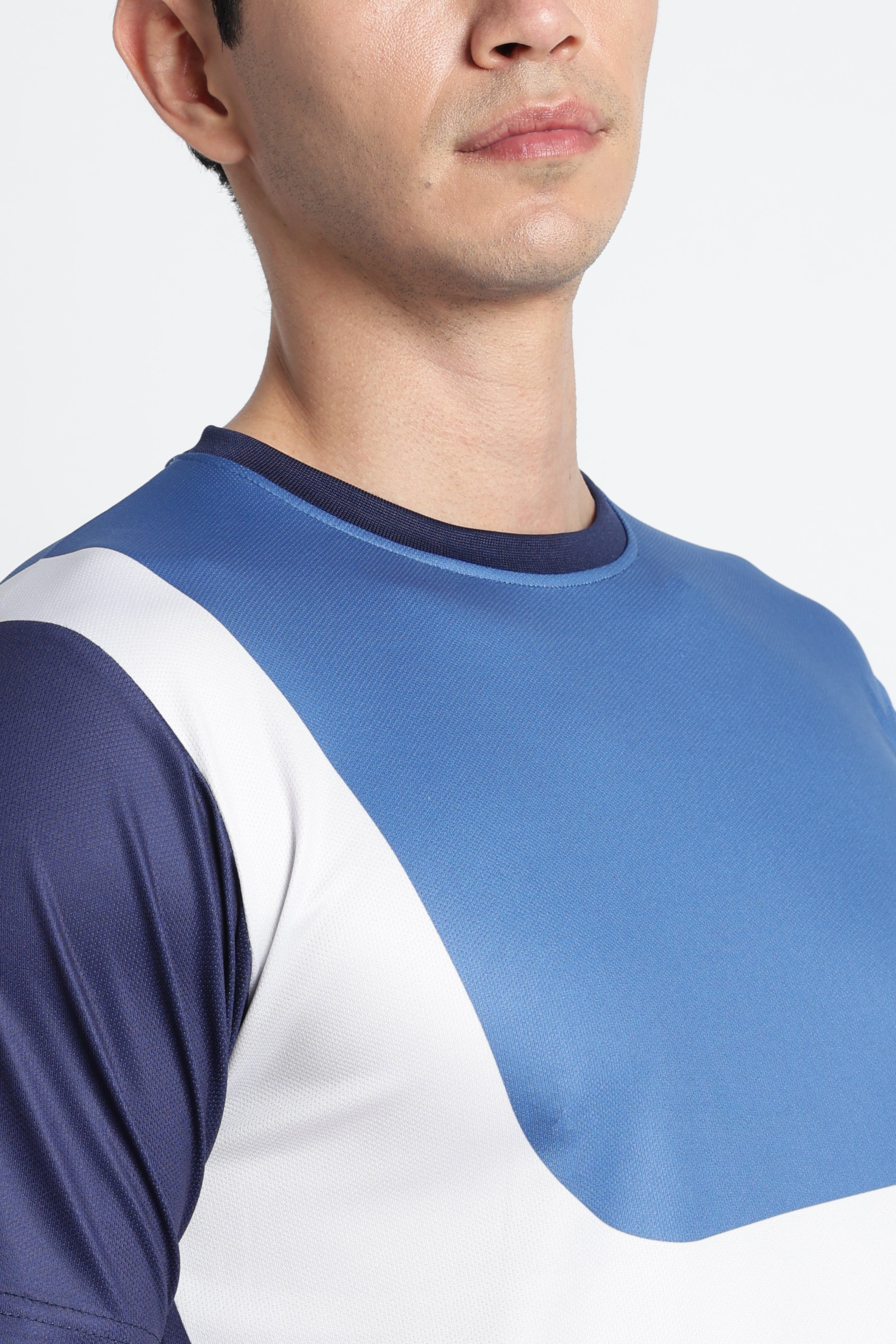 Blue‑White Color‑block Moisture‑Wicking Active Tee – Breathable Gym & Running T‑shirt