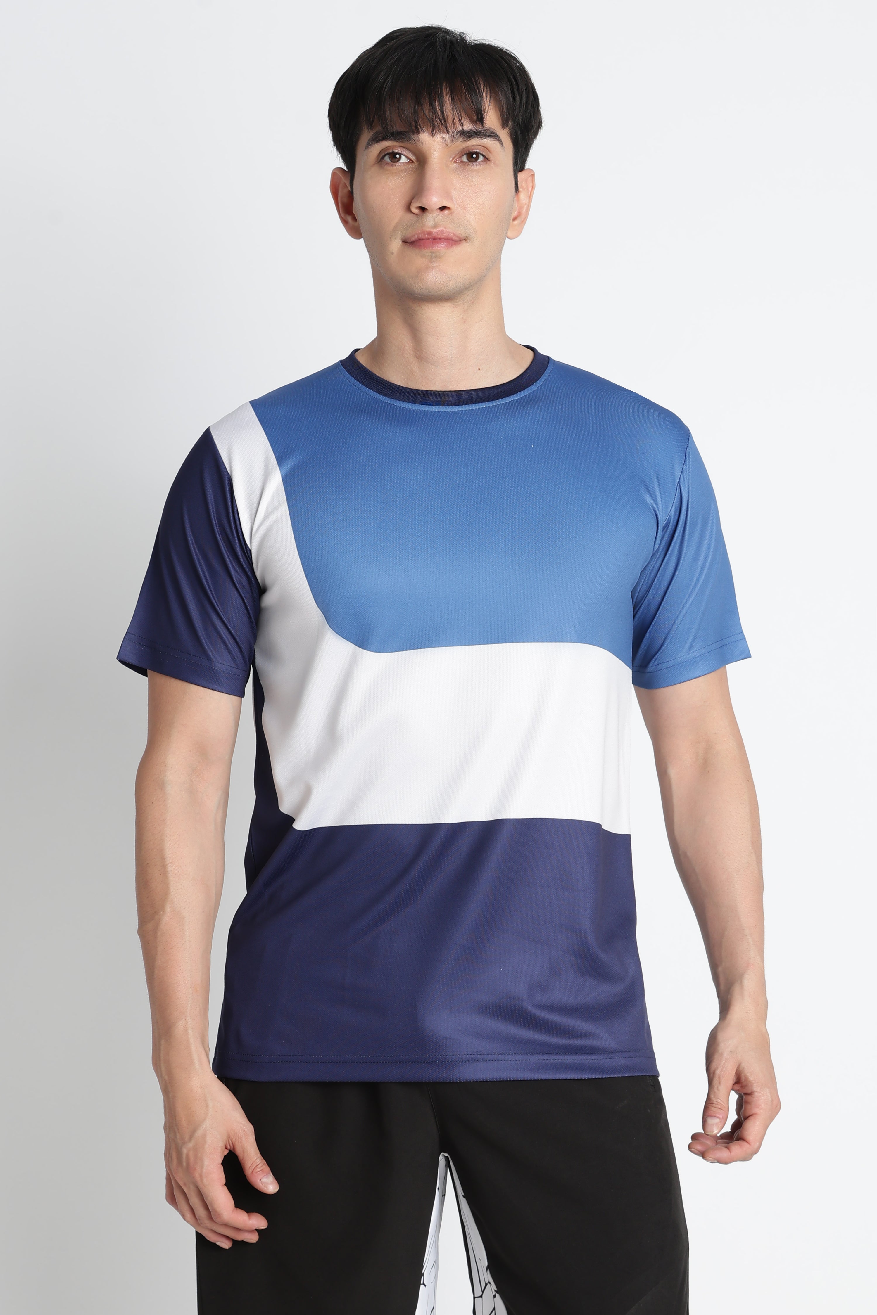 Blue‑White Color‑block Moisture‑Wicking Active Tee – Breathable Gym & Running T‑shirt