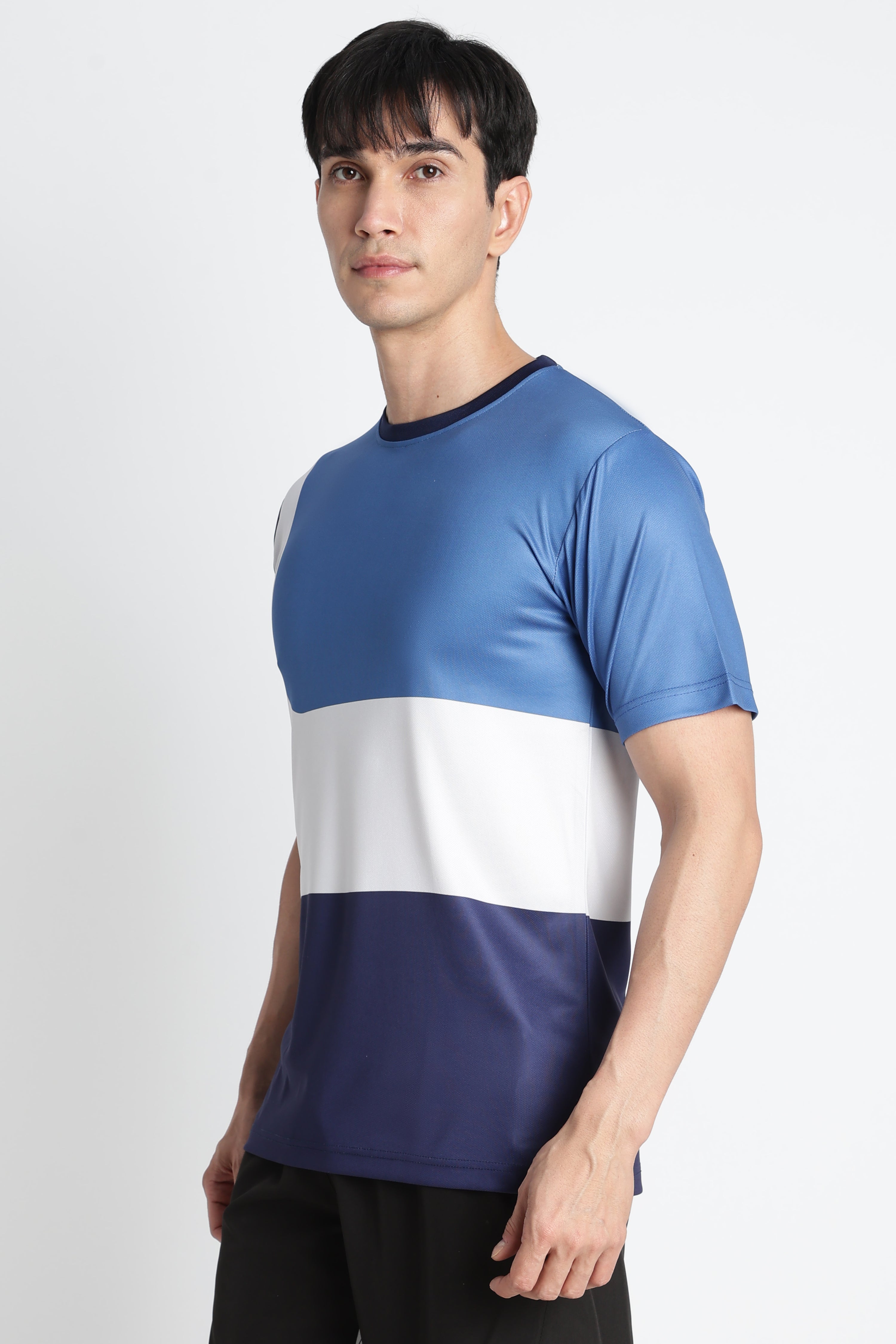 Blue‑White Color‑block Moisture‑Wicking Active Tee – Breathable Gym & Running T‑shirt