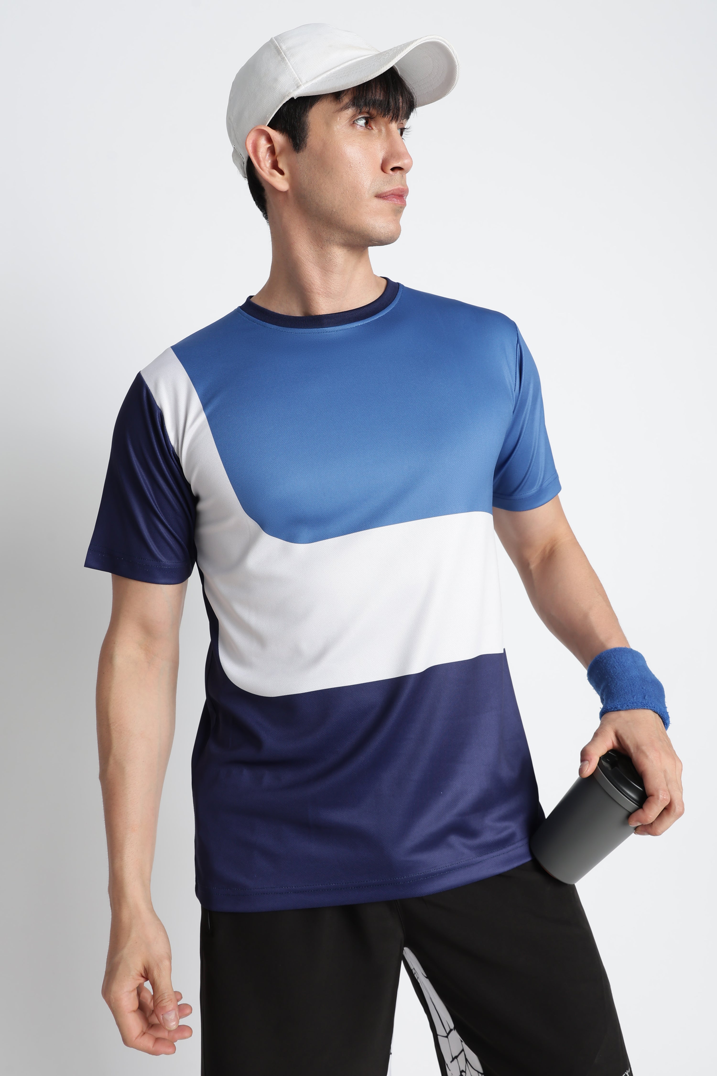 Blue‑White Color‑block Moisture‑Wicking Active Tee – Breathable Gym & Running T‑shirt