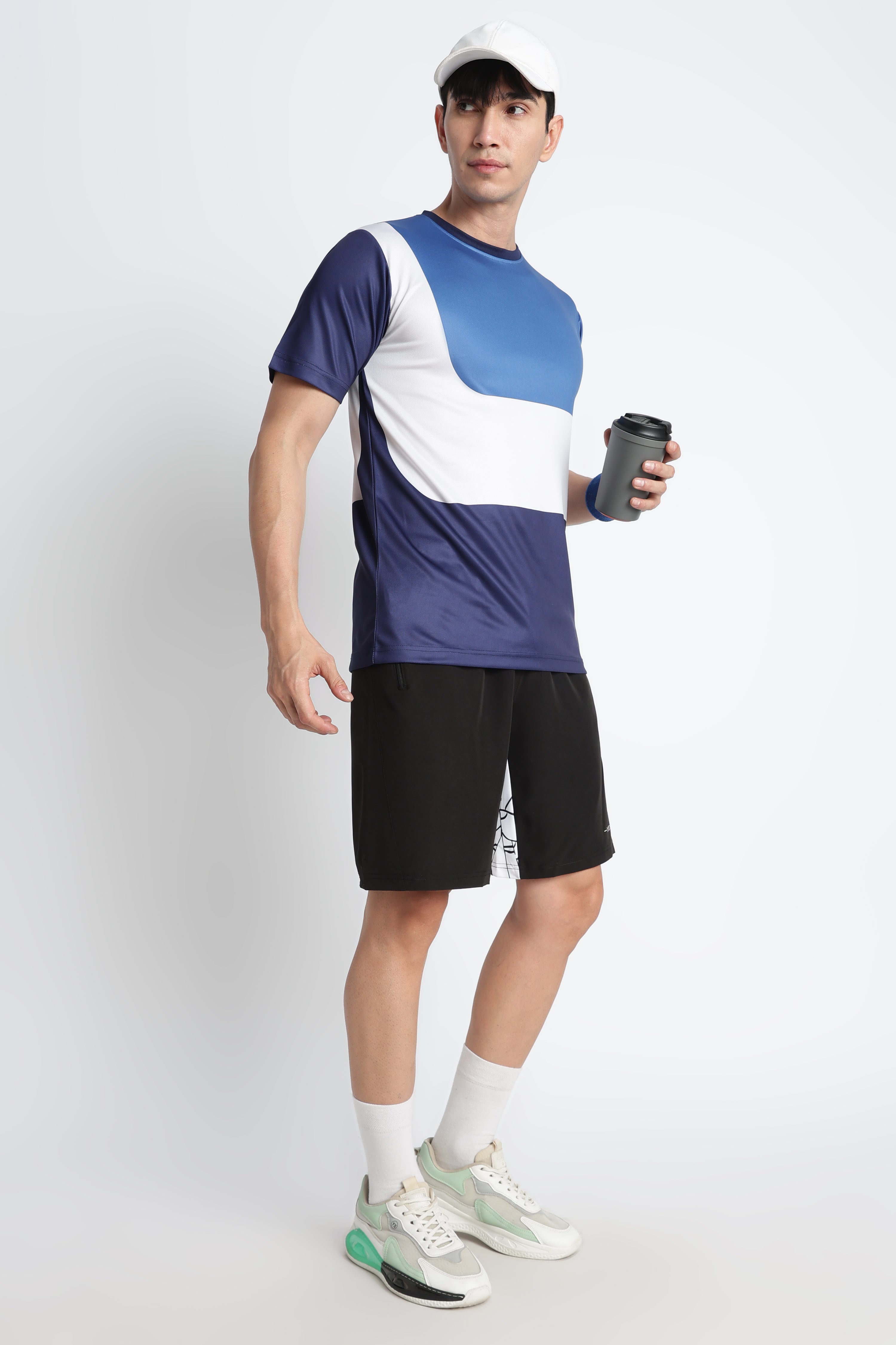 Blue‑White Color‑block Moisture‑Wicking Active Tee – Breathable Gym & Running T‑shirt