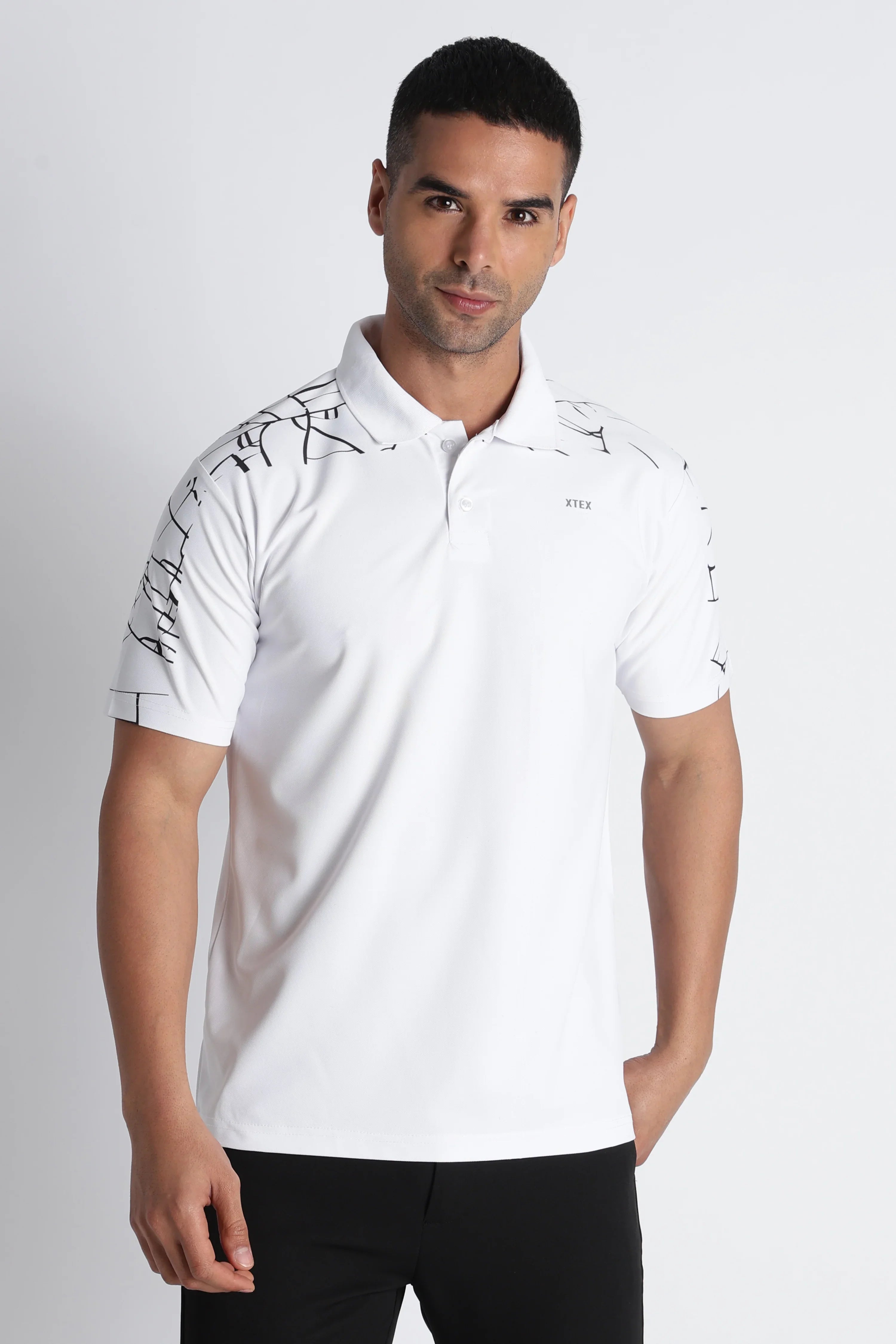 XTEX White Polo Shirt with Abstract Designs - Modern Business Casual
