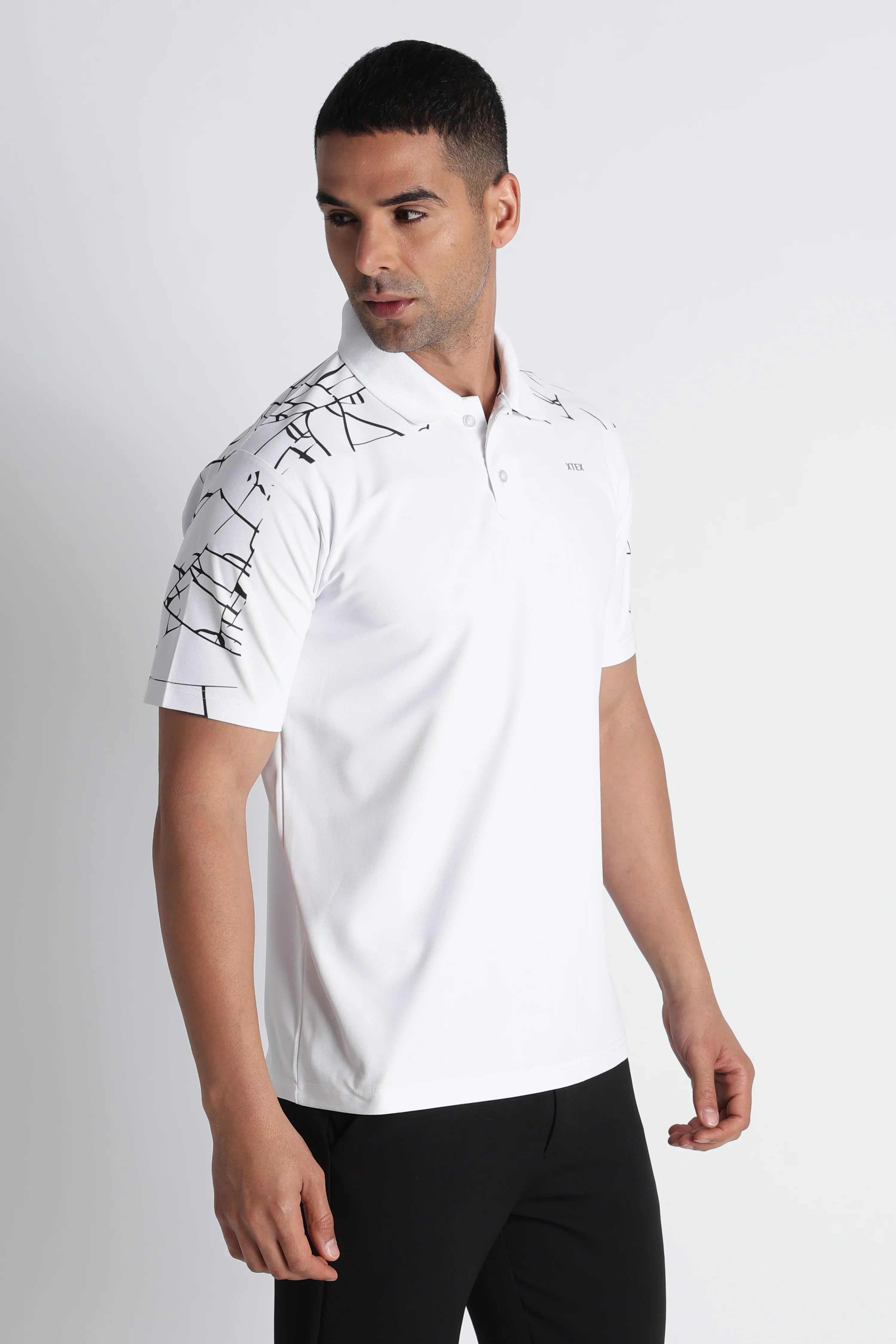 XTEX White Polo Shirt with Abstract Designs - Modern Business Casual