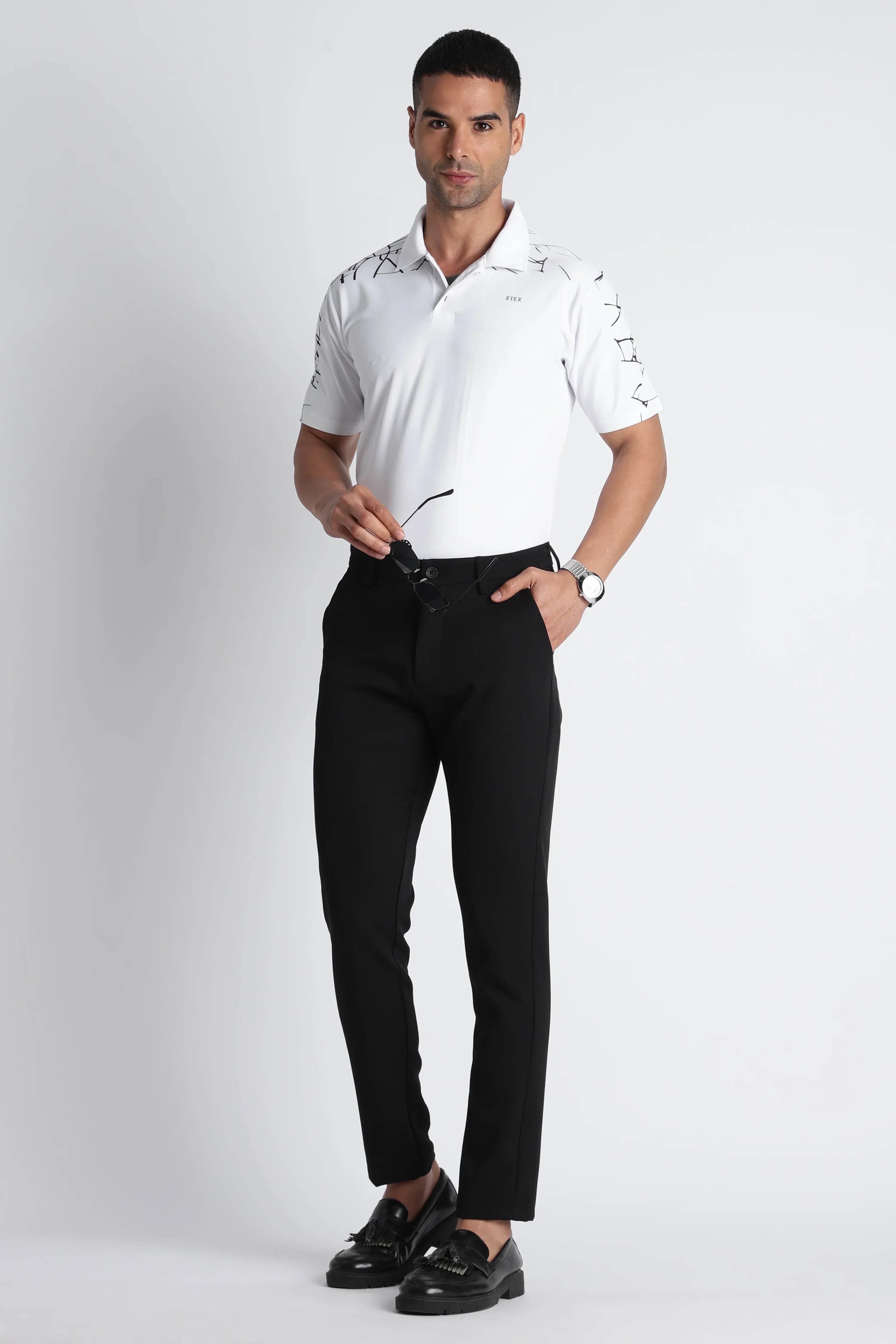 XTEX White Polo Shirt with Abstract Designs - Modern Business Casual