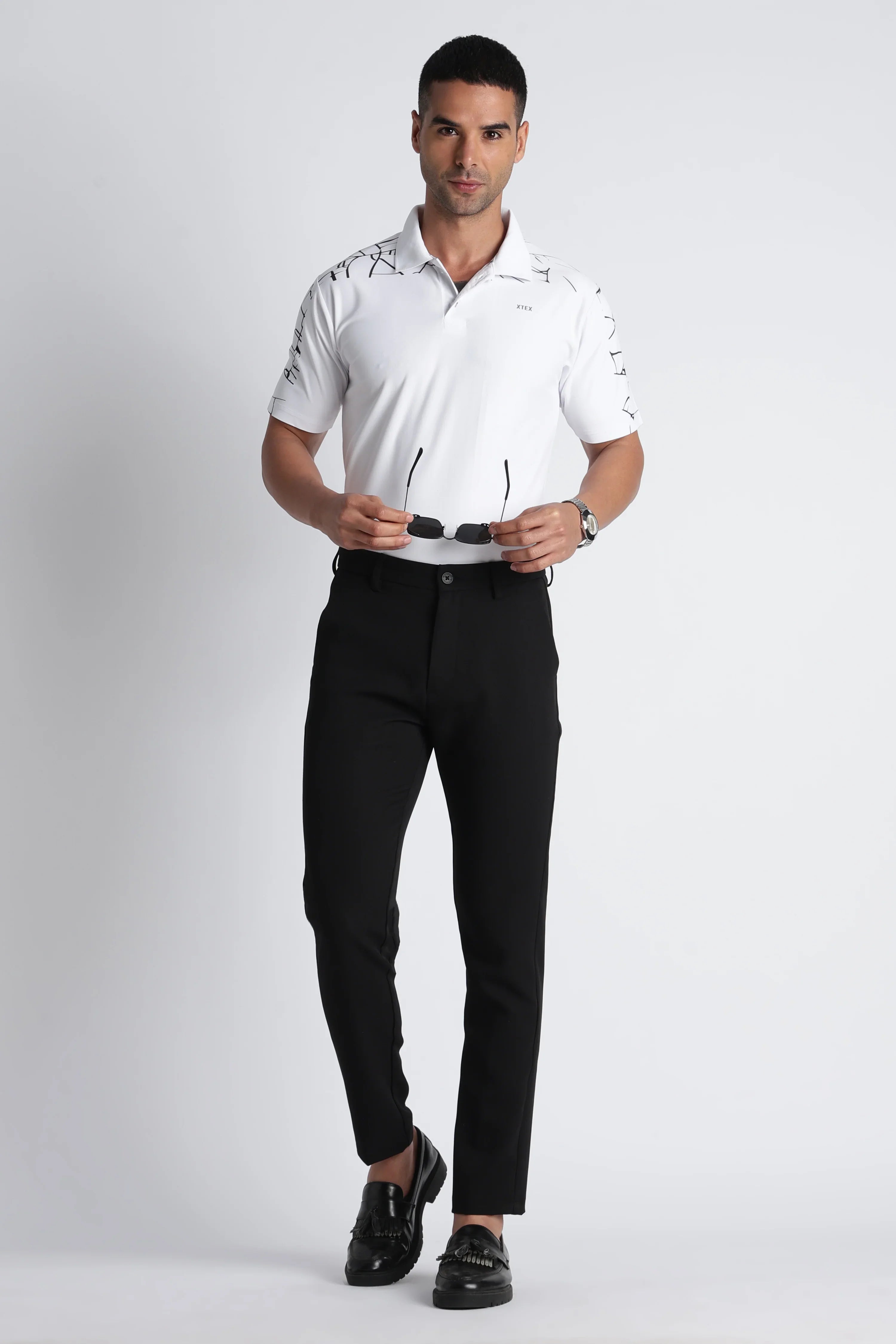 XTEX White Polo Shirt with Abstract Designs - Modern Business Casual
