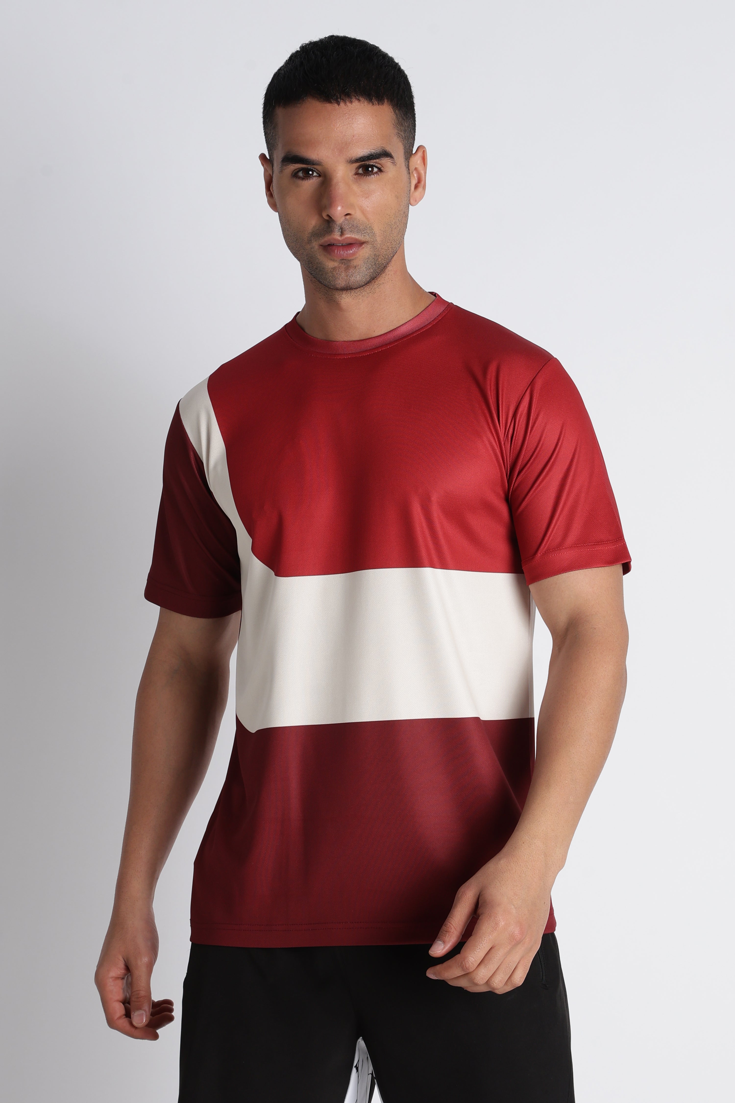 Red & White Colour‑Blocked Athletic T‑Shirt – Breathable Sporty Tee for Men