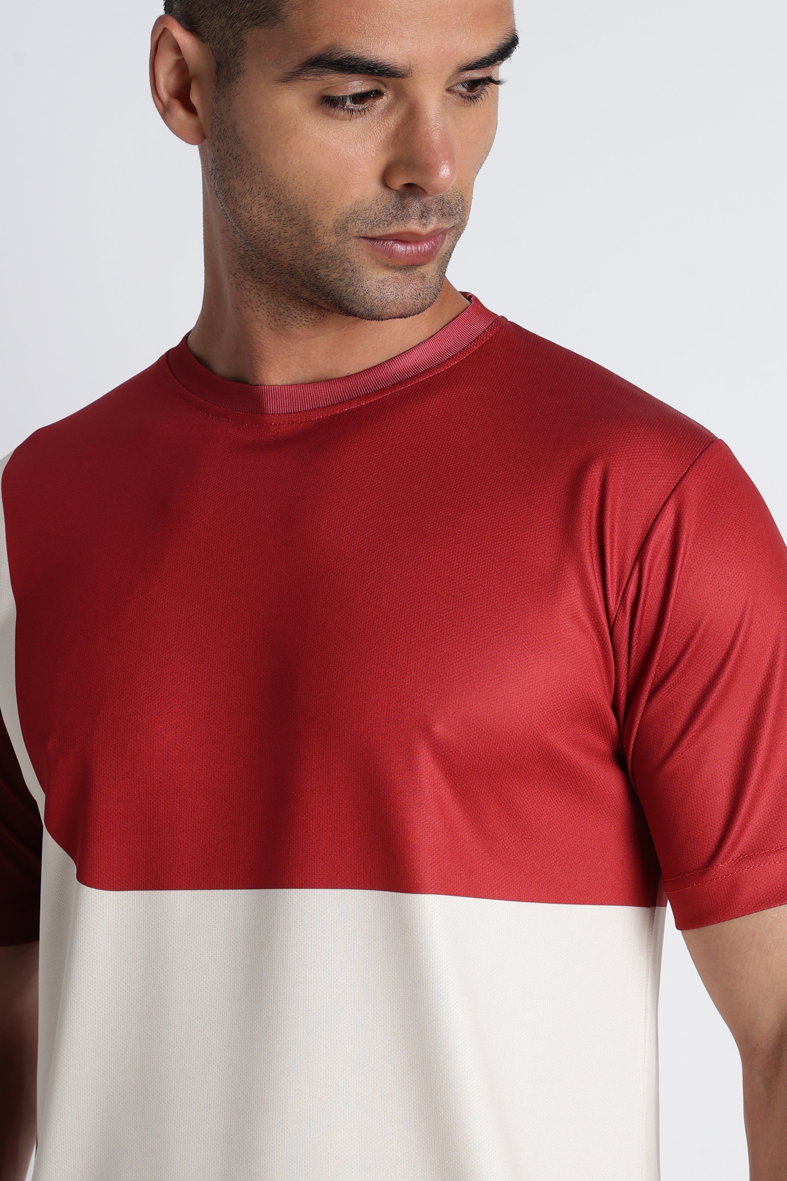 Red & White Colour‑Blocked Athletic T‑Shirt – Breathable Sporty Tee for Men