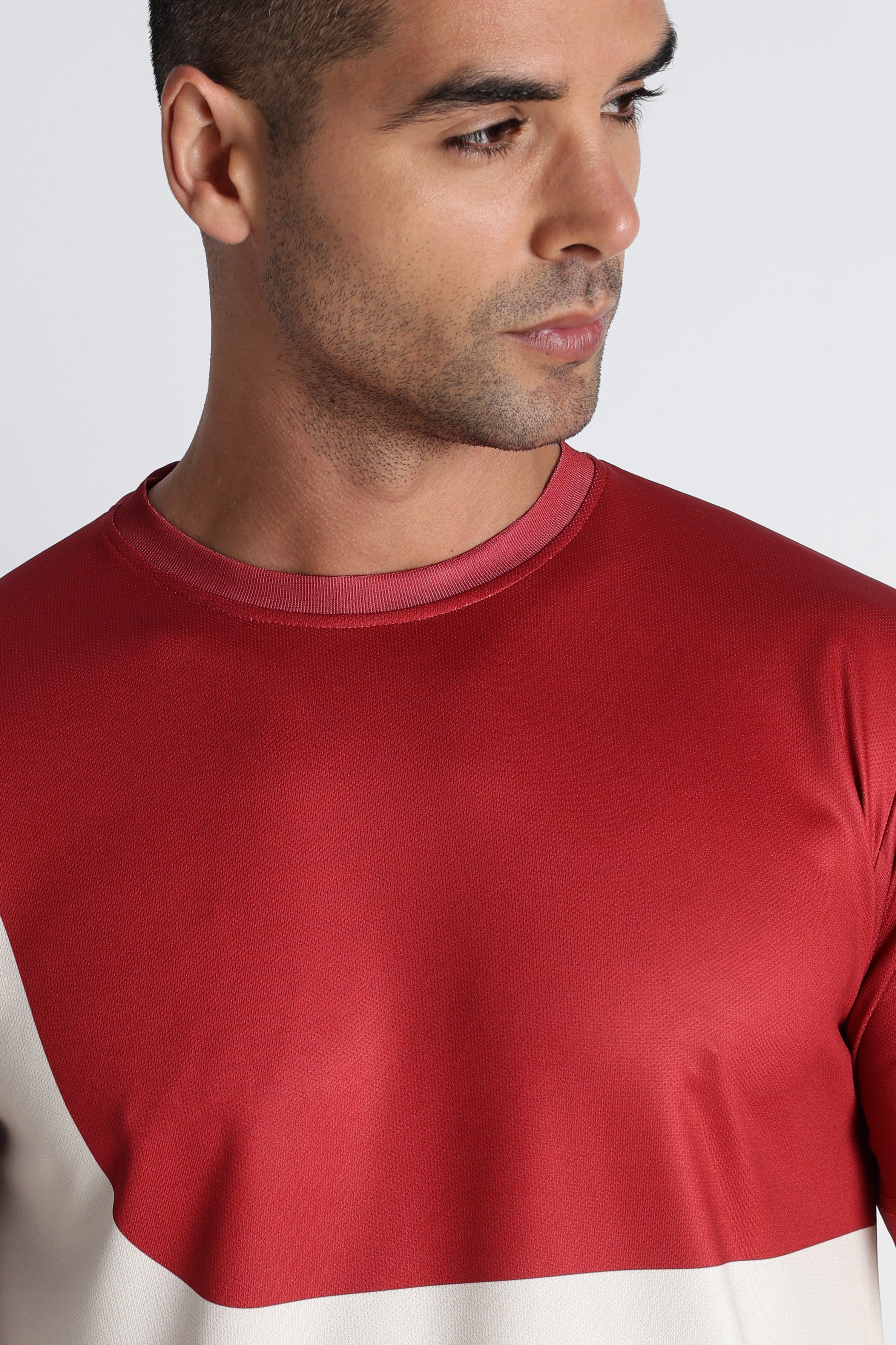 Red & White Colour‑Blocked Athletic T‑Shirt – Breathable Sporty Tee for Men