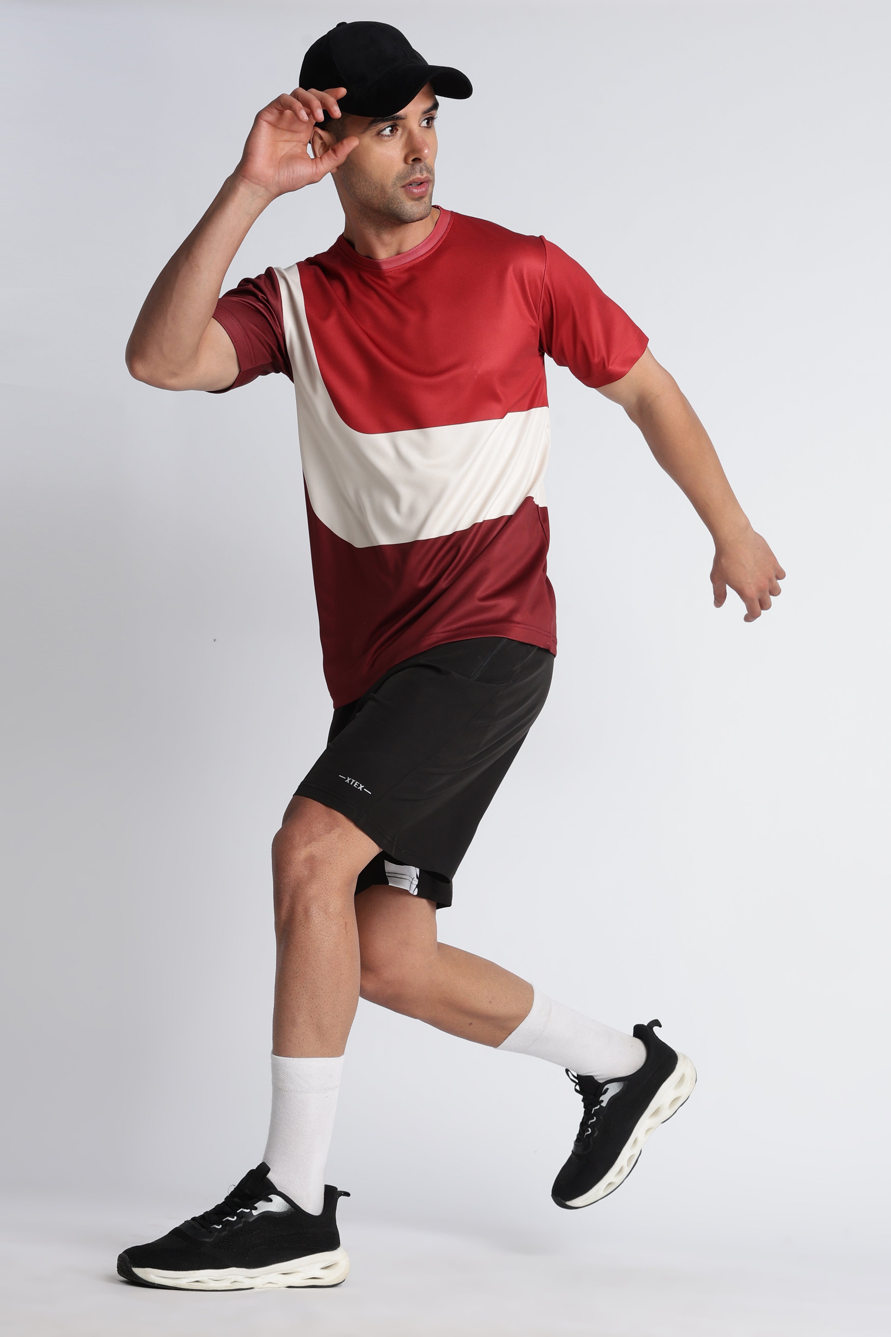 Red & White Colour‑Blocked Athletic T‑Shirt – Breathable Sporty Tee for Men