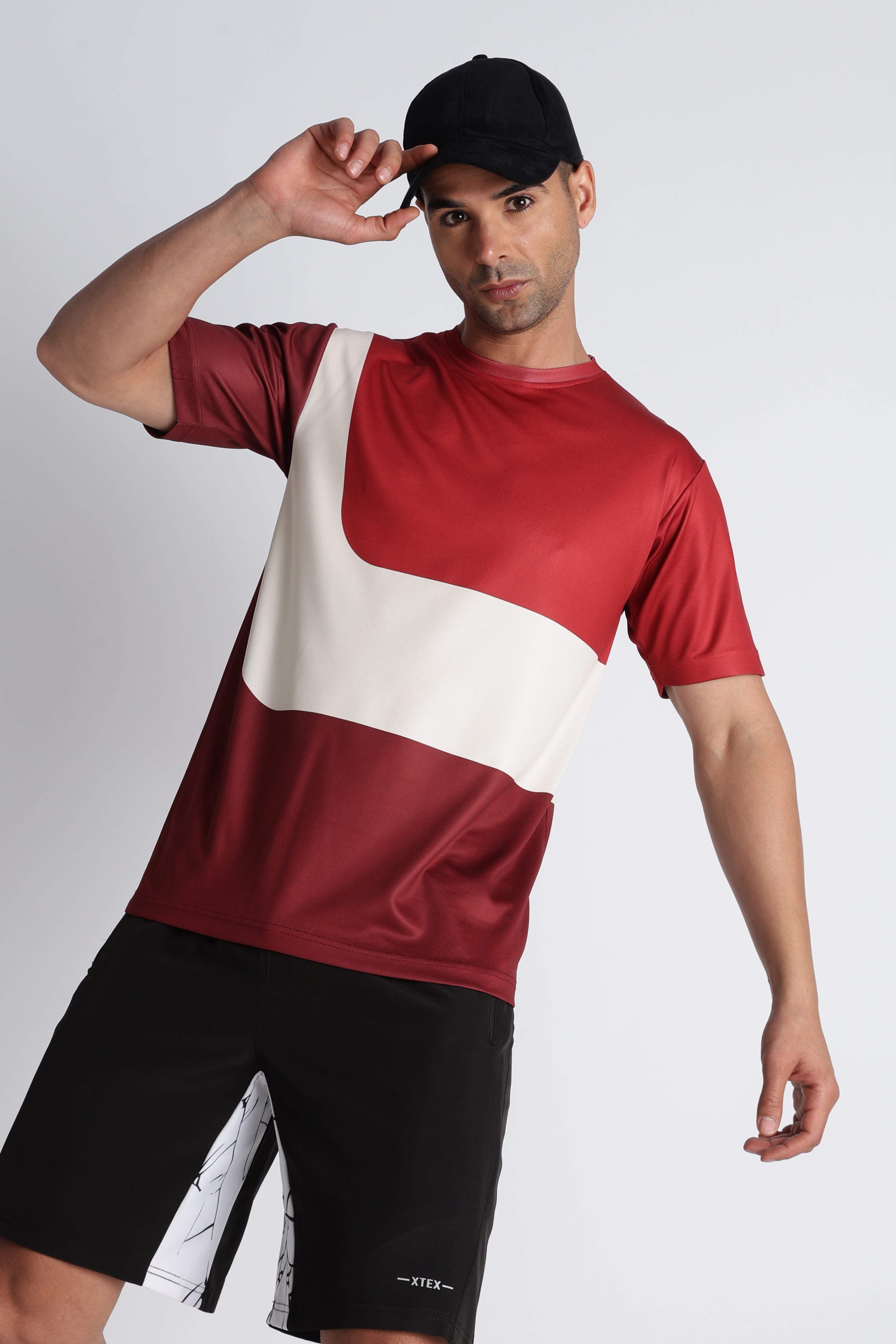Red & White Colour‑Blocked Athletic T‑Shirt – Breathable Sporty Tee for Men