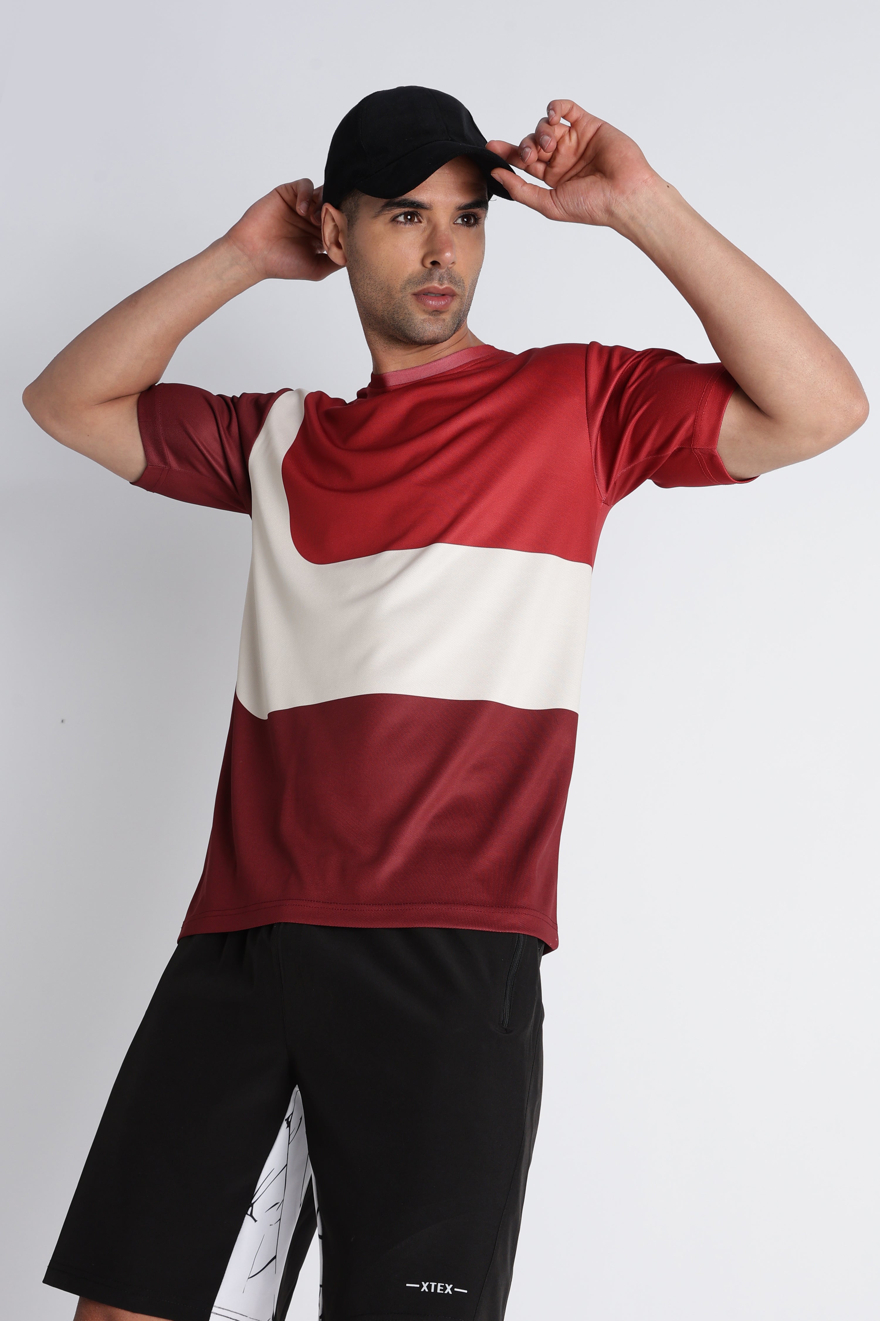 Red & White Colour‑Blocked Athletic T‑Shirt – Breathable Sporty Tee for Men