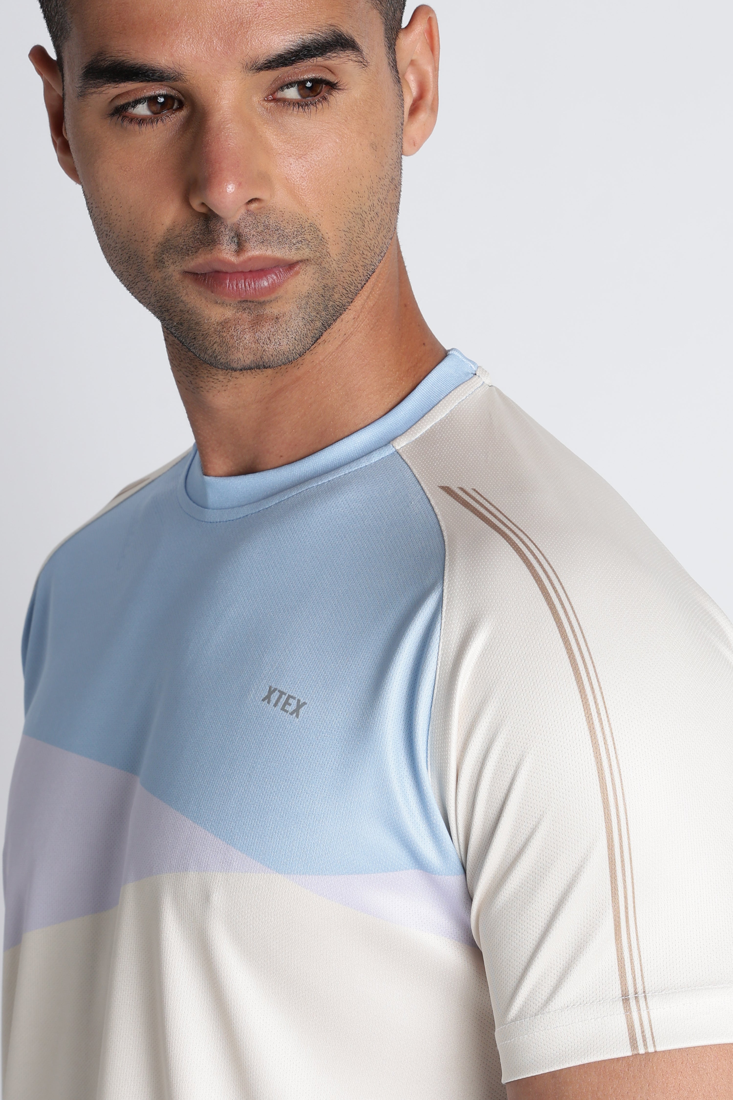 Men’s Light Blue Striped Athletic Tee | XTEX Performance Jersey