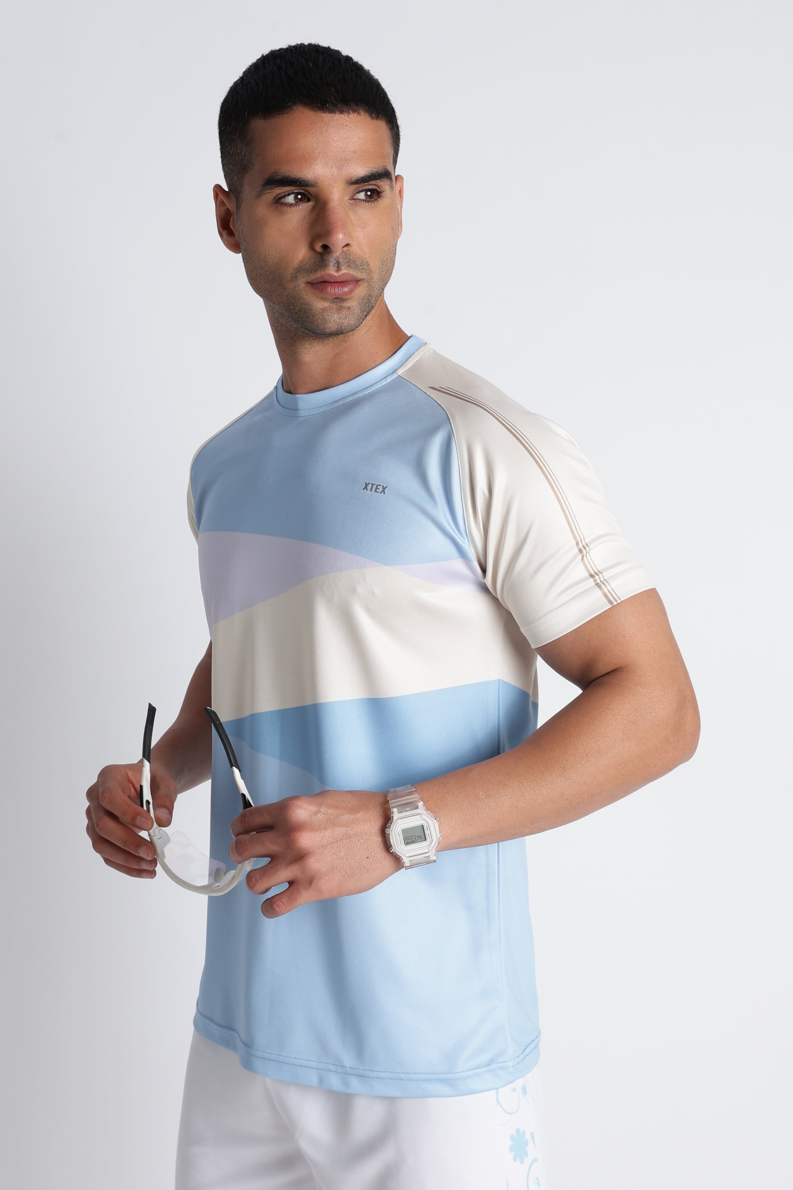 Men’s Light Blue Striped Athletic Tee | XTEX Performance Jersey