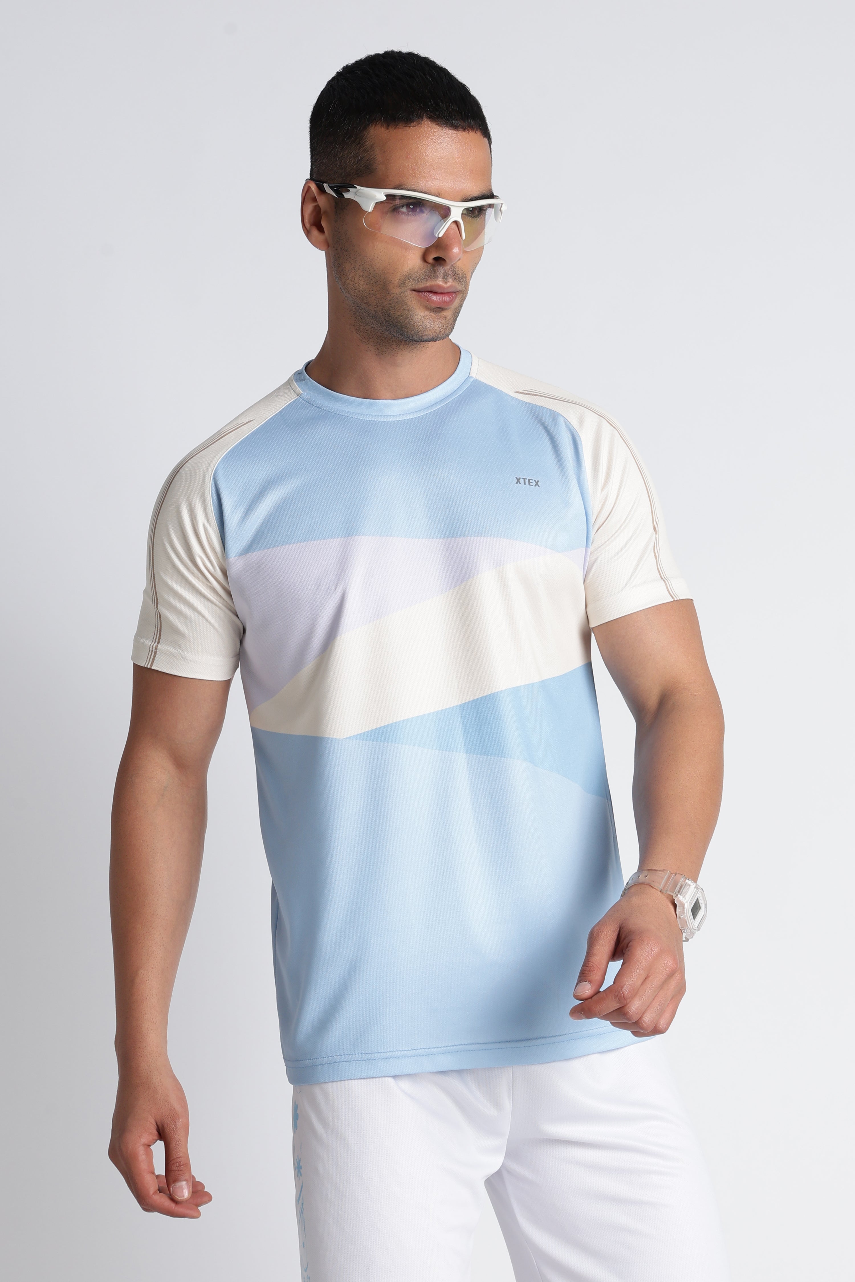 Men’s Light Blue Striped Athletic Tee | XTEX Performance Jersey
