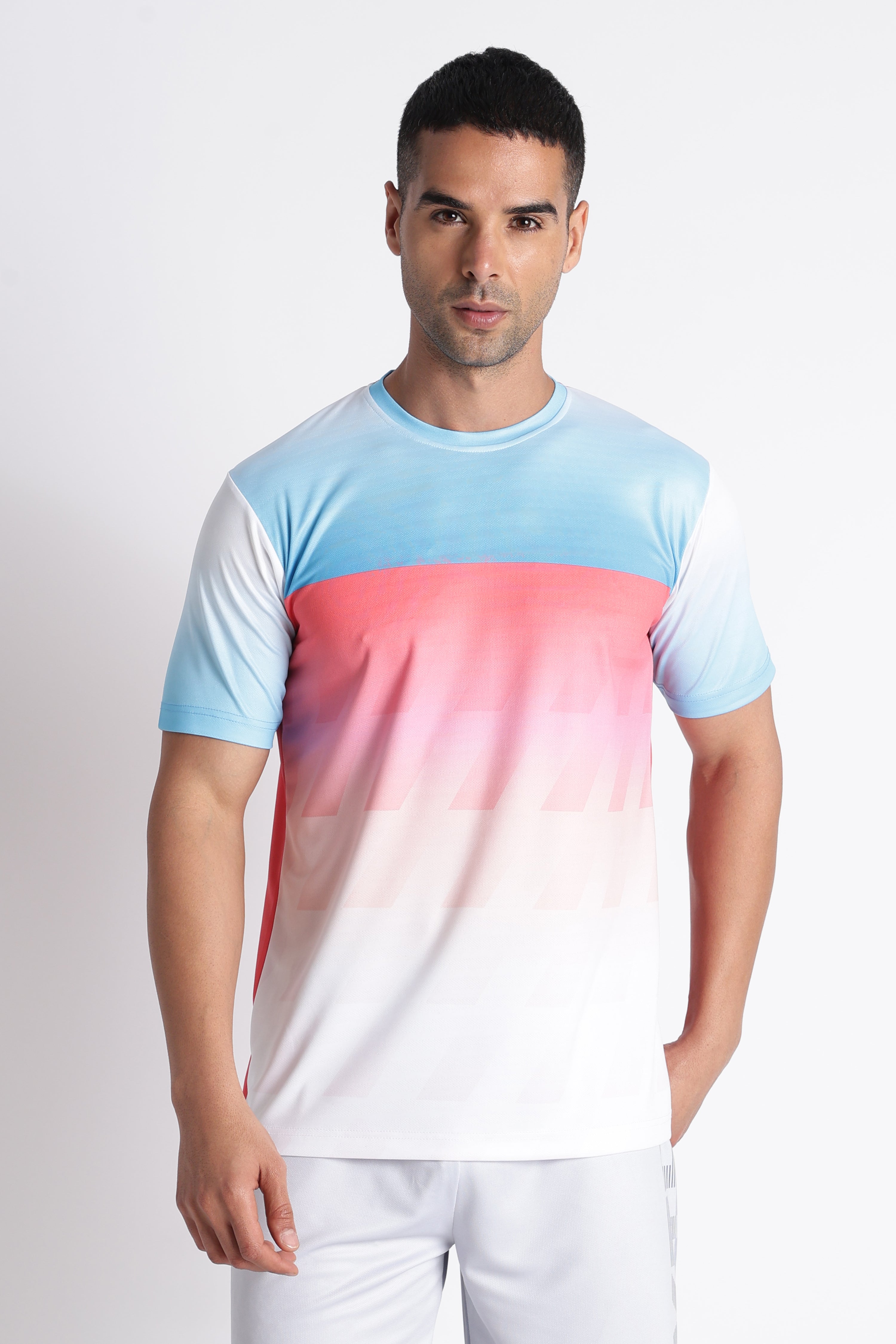 Blue Pink Gradient Tee with White Shorts | Sporty Casual Outfit