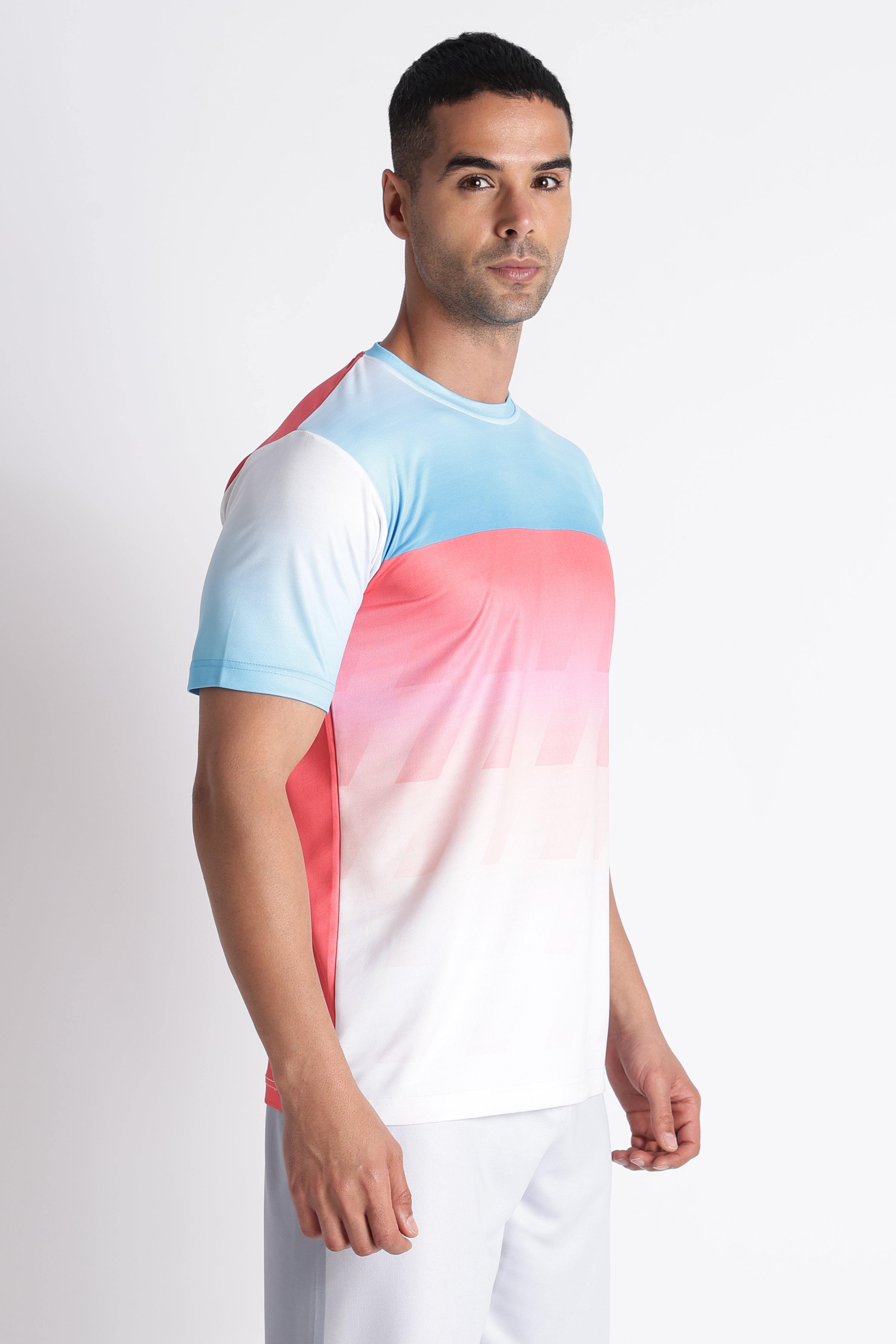 Blue Pink Gradient Tee with White Shorts | Sporty Casual Outfit