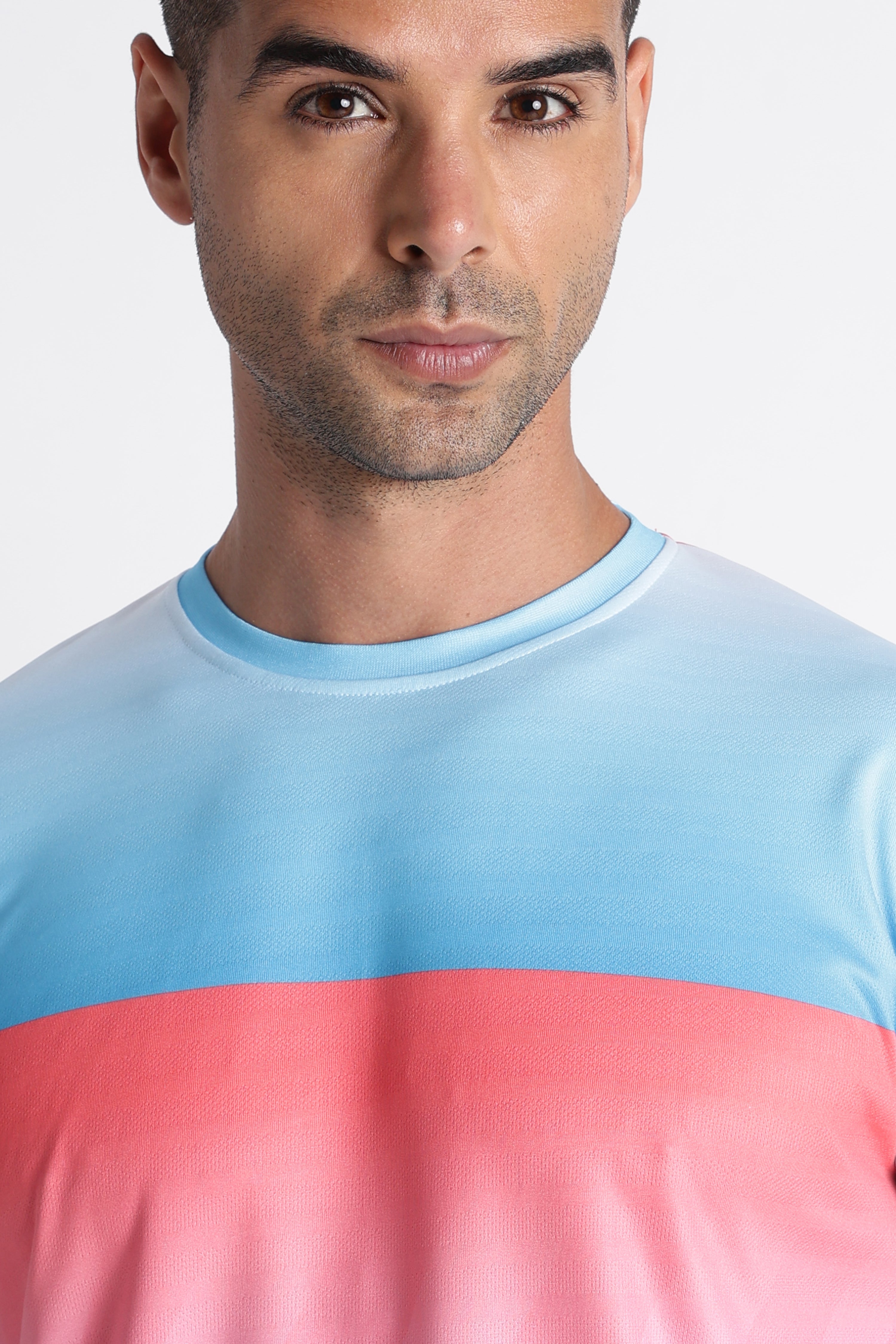 Blue Pink Gradient Tee with White Shorts | Sporty Casual Outfit