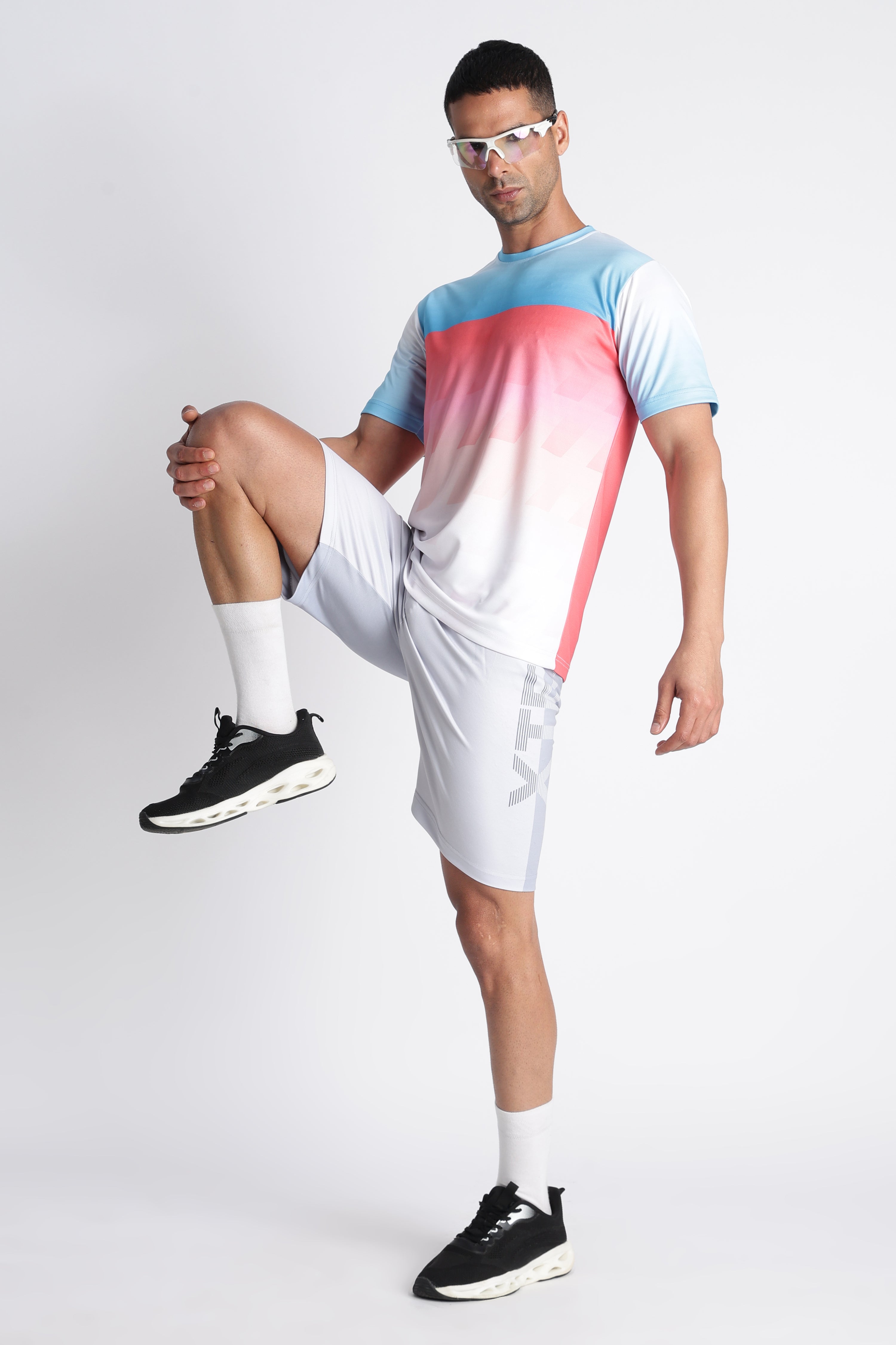 Blue Pink Gradient Tee with White Shorts | Sporty Casual Outfit