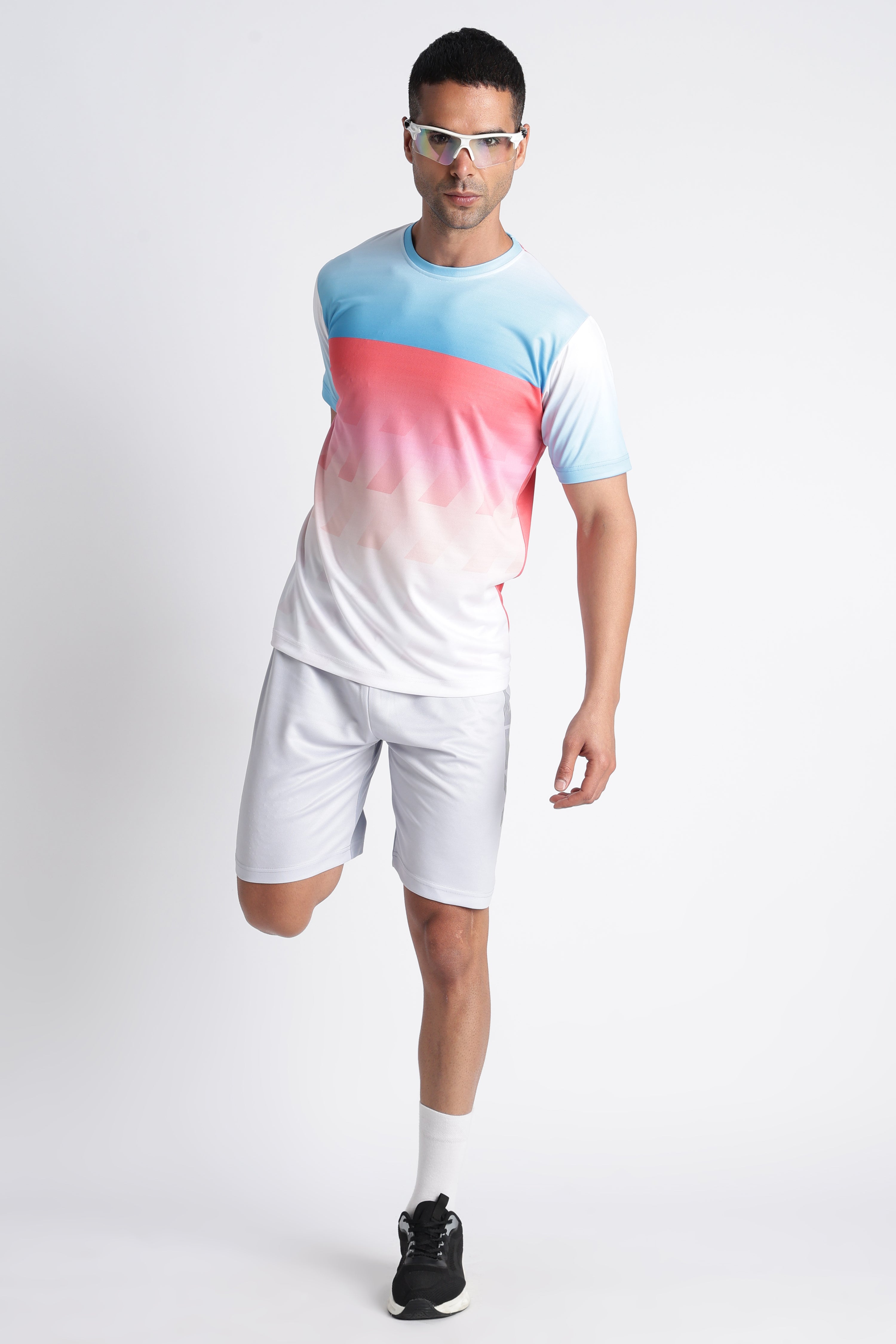 Blue Pink Gradient Tee with White Shorts | Sporty Casual Outfit