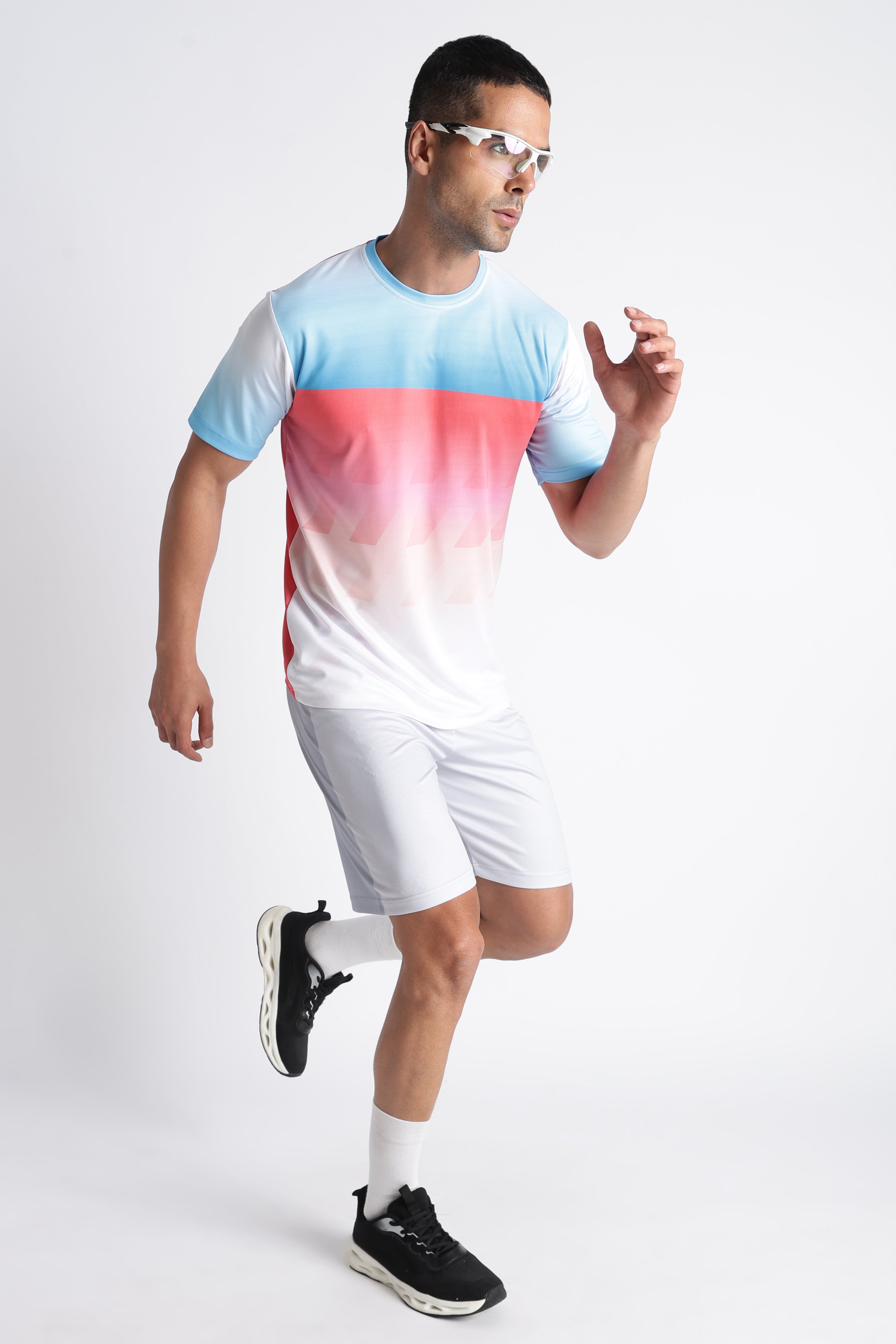 Blue Pink Gradient Tee with White Shorts | Sporty Casual Outfit