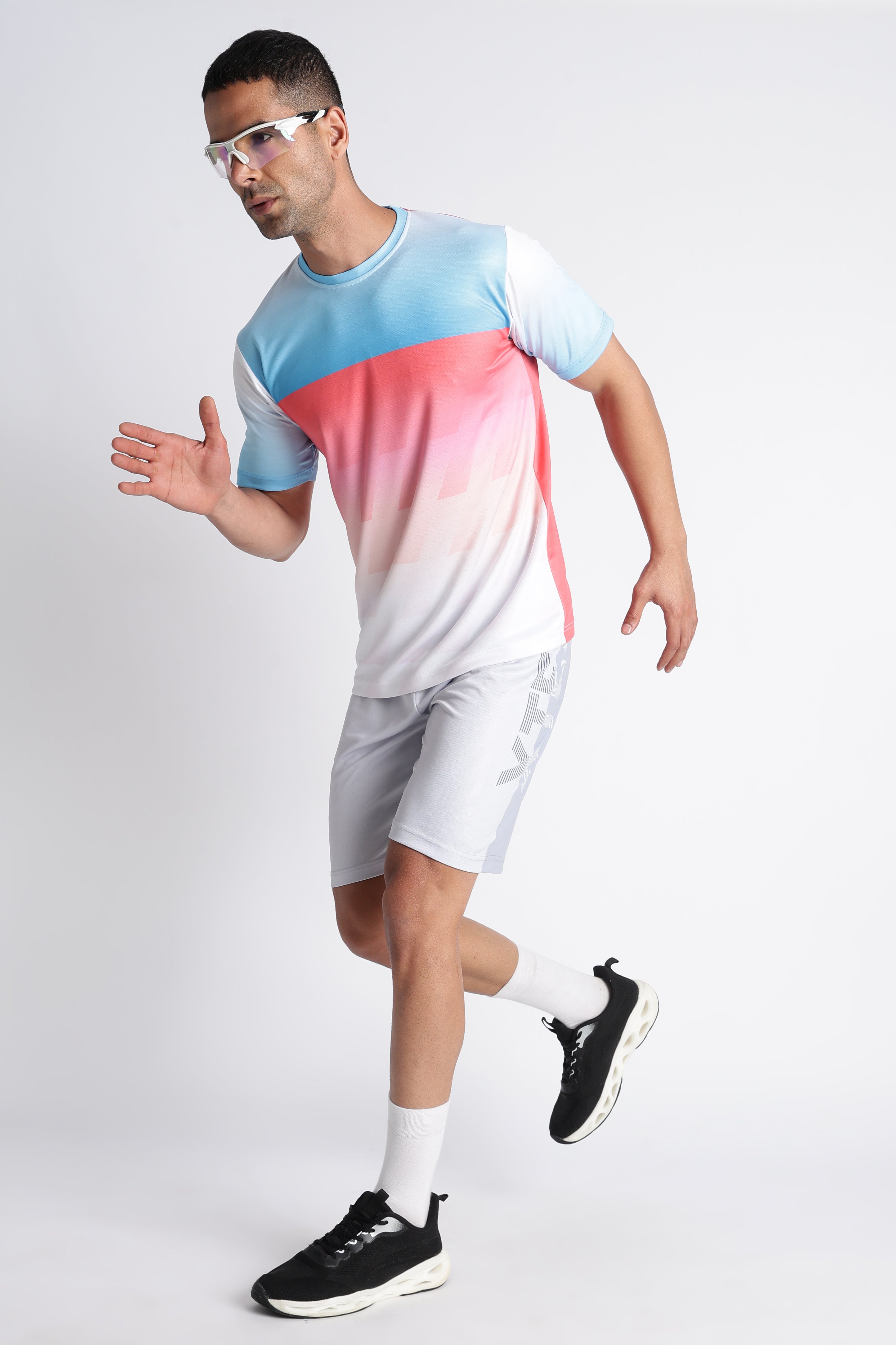 Blue Pink Gradient Tee with White Shorts | Sporty Casual Outfit
