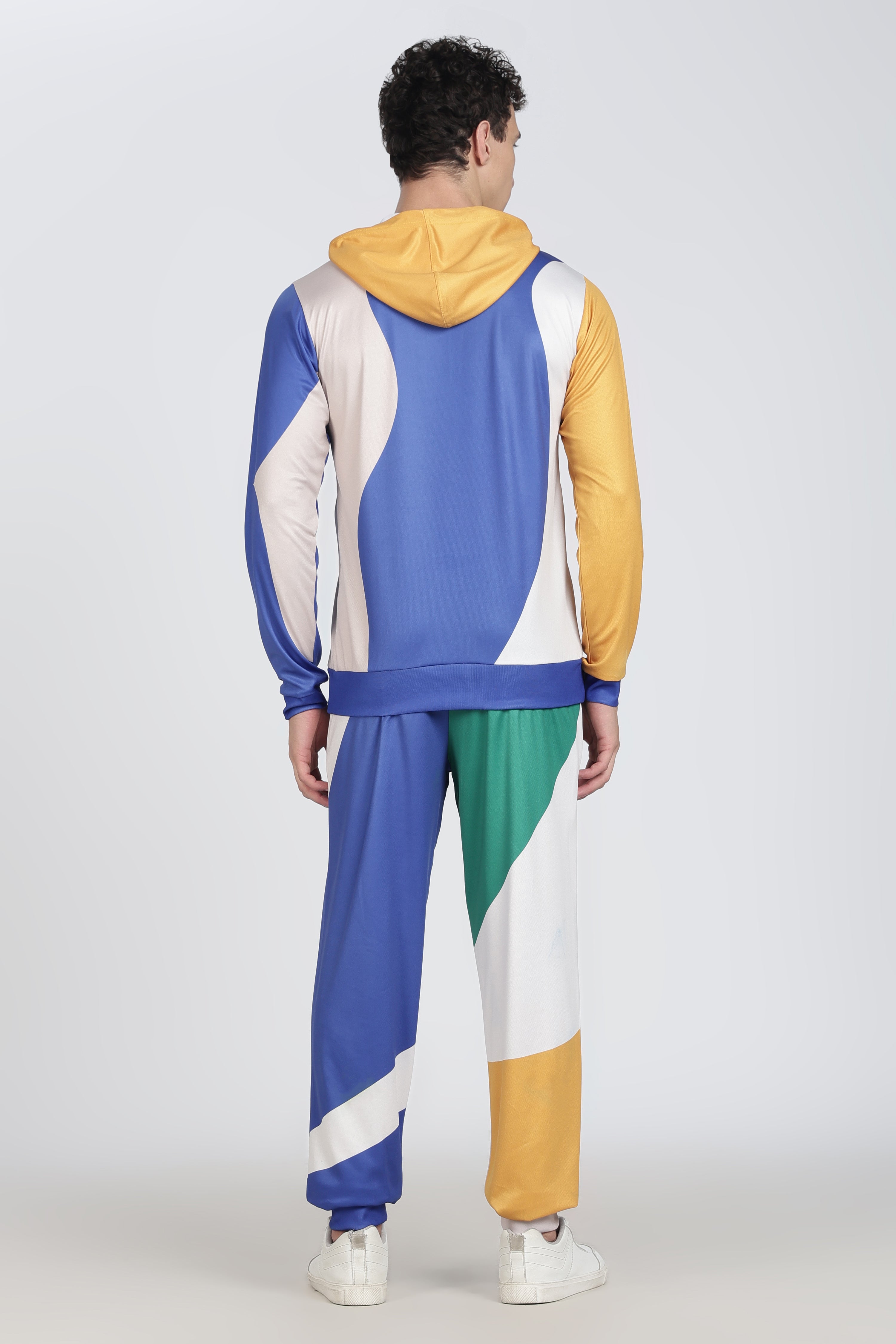 Blue White Yellow Green Colour block Active Wear Hoodie Set