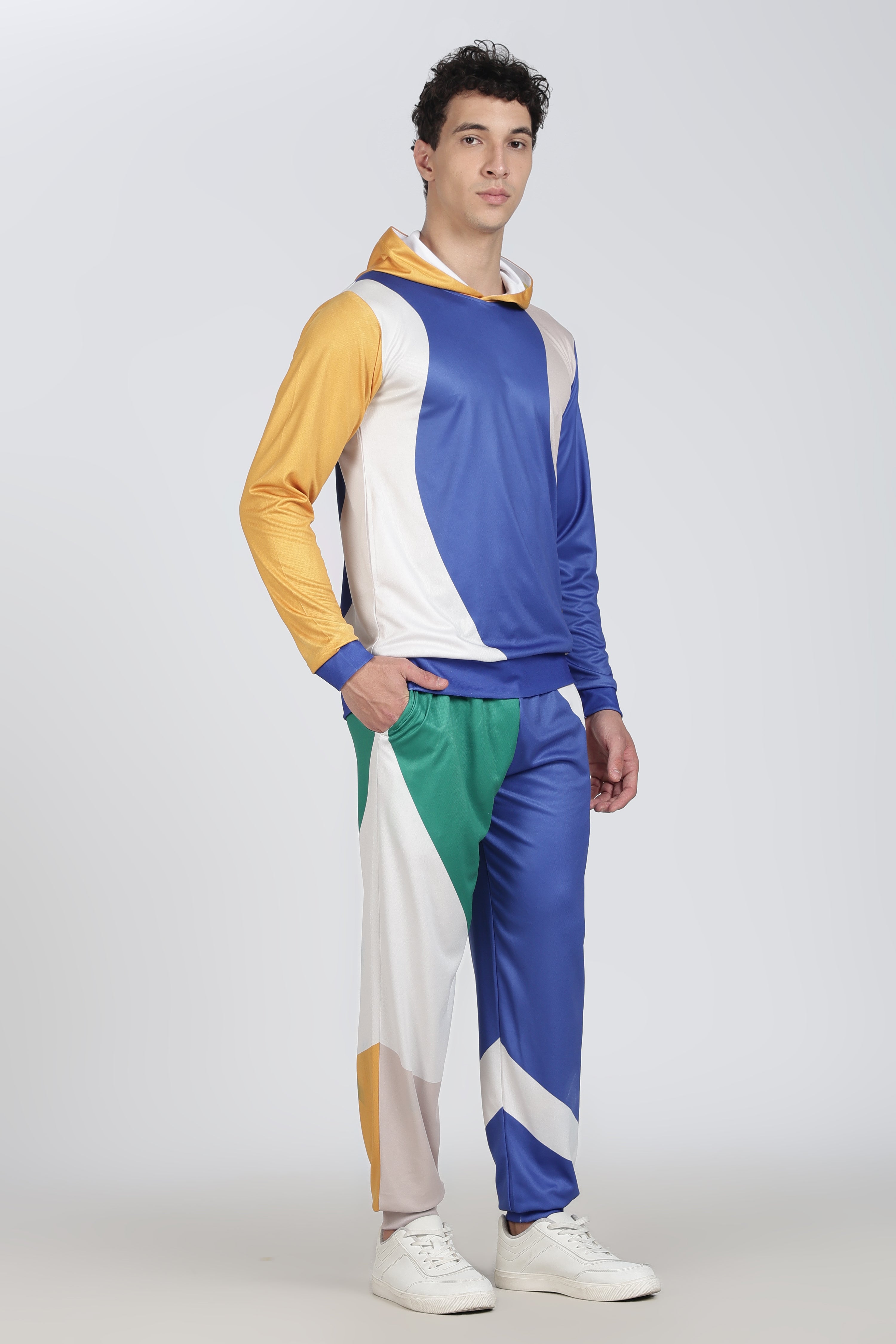 Blue White Yellow Green Colour block Active Wear Hoodie Set