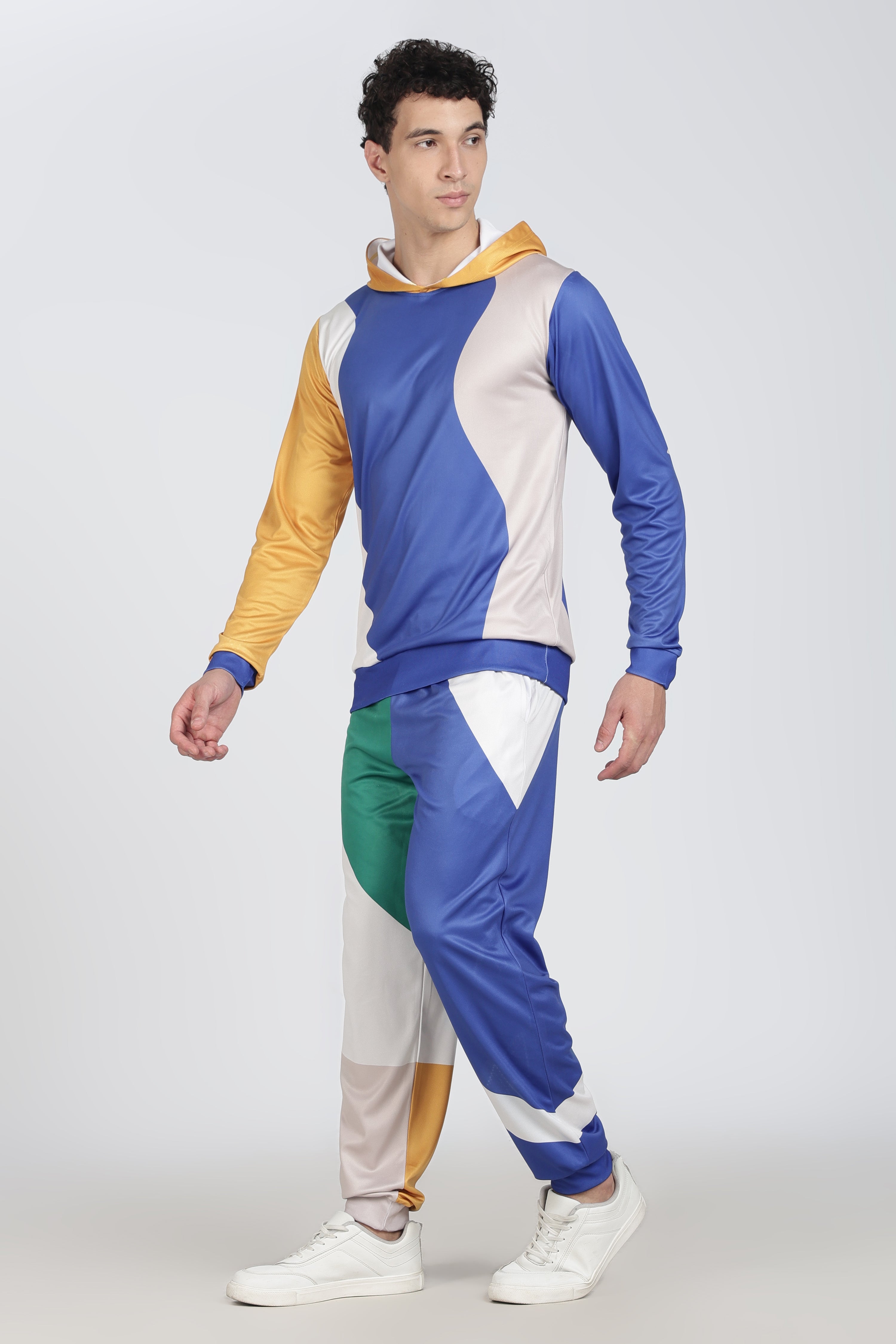Blue White Yellow Green Colour block Active Wear Hoodie Set