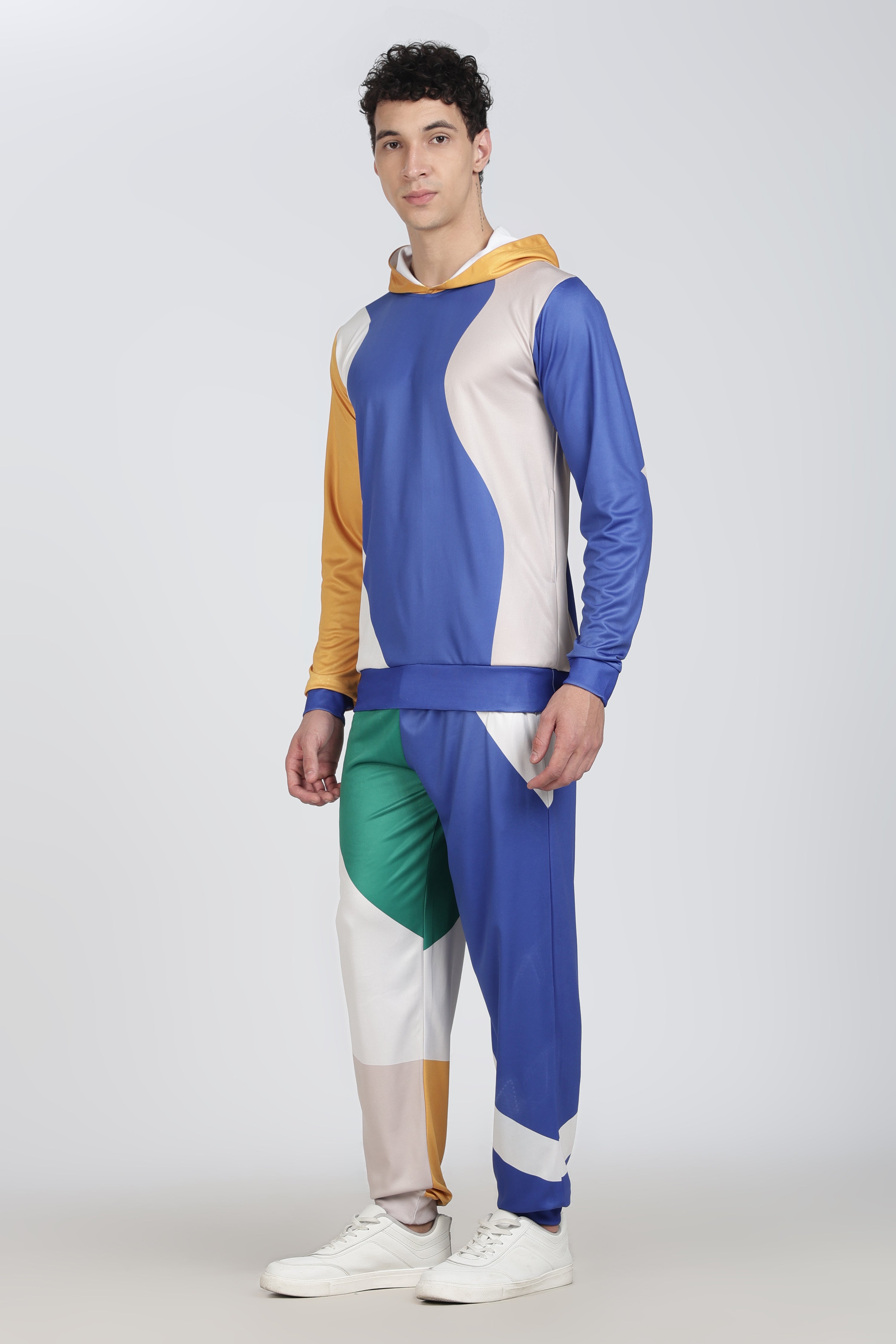 Blue White Yellow Green Colour block Active Wear Hoodie Set