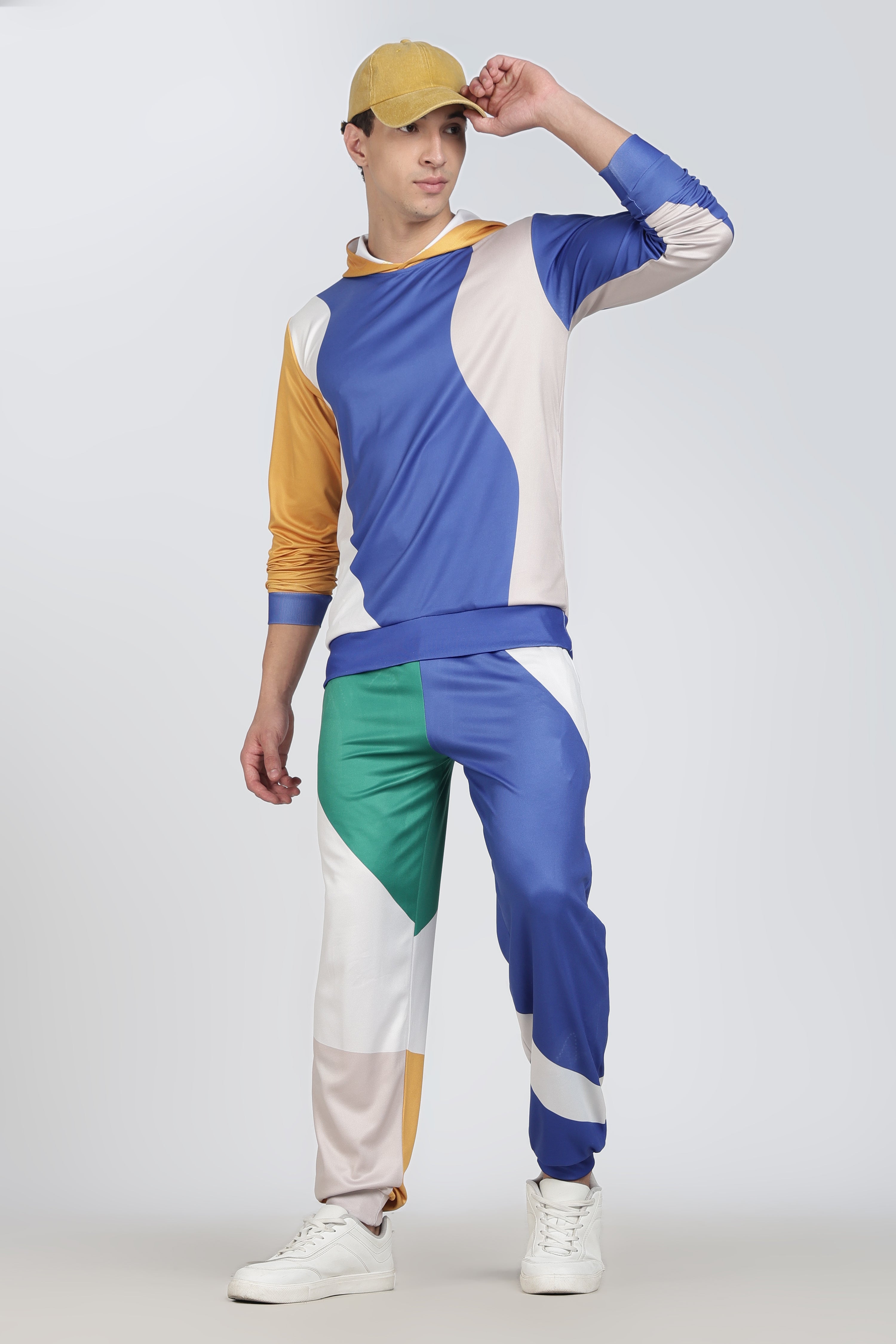 Blue White Yellow Green Colour block Active Wear Hoodie Set