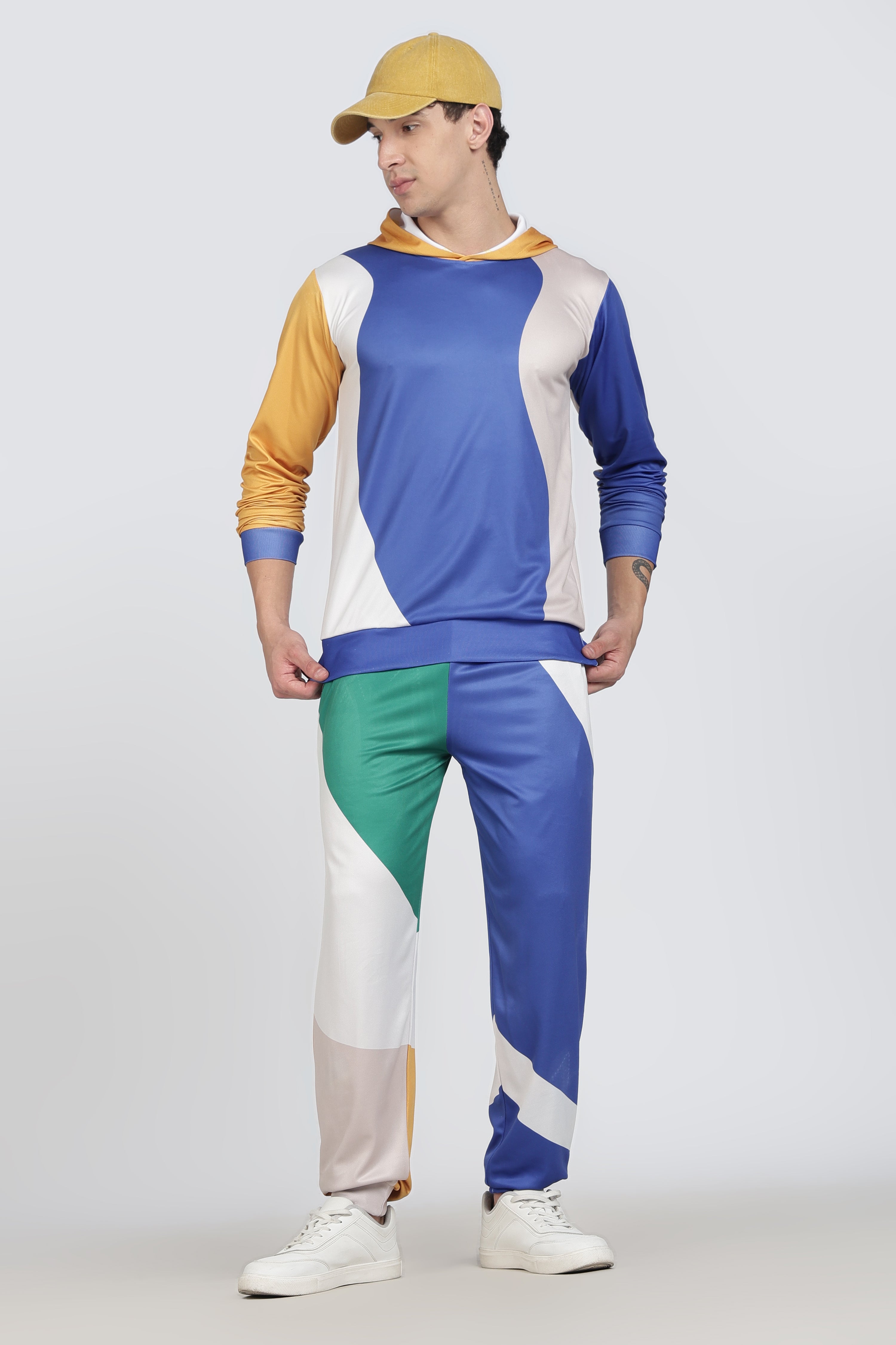 Blue White Yellow Green Colour block Active Wear Hoodie Set
