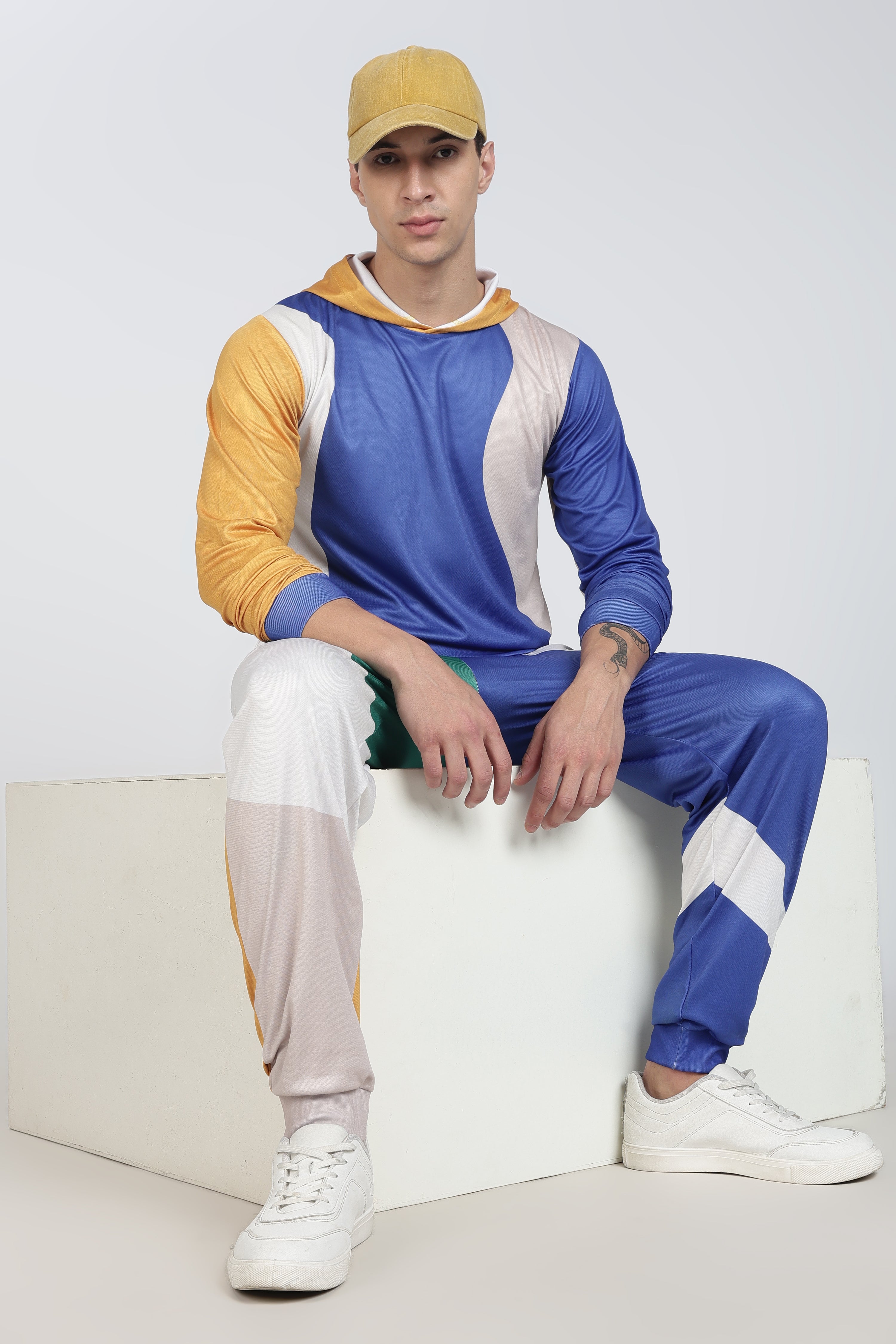 Blue White Yellow Green Colour block Active Wear Hoodie Set