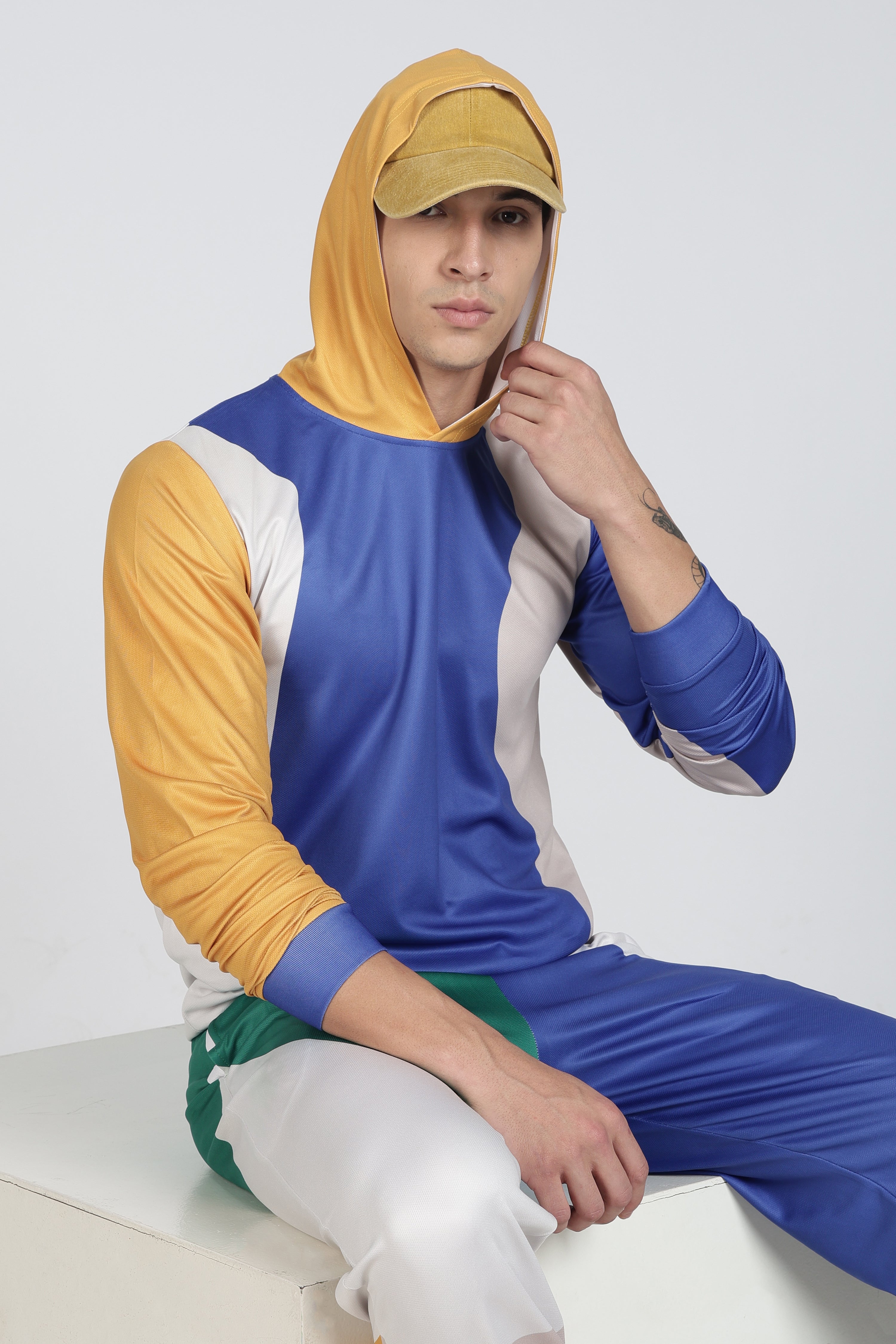 Blue White Yellow Green Colour block Active Wear Hoodie Set