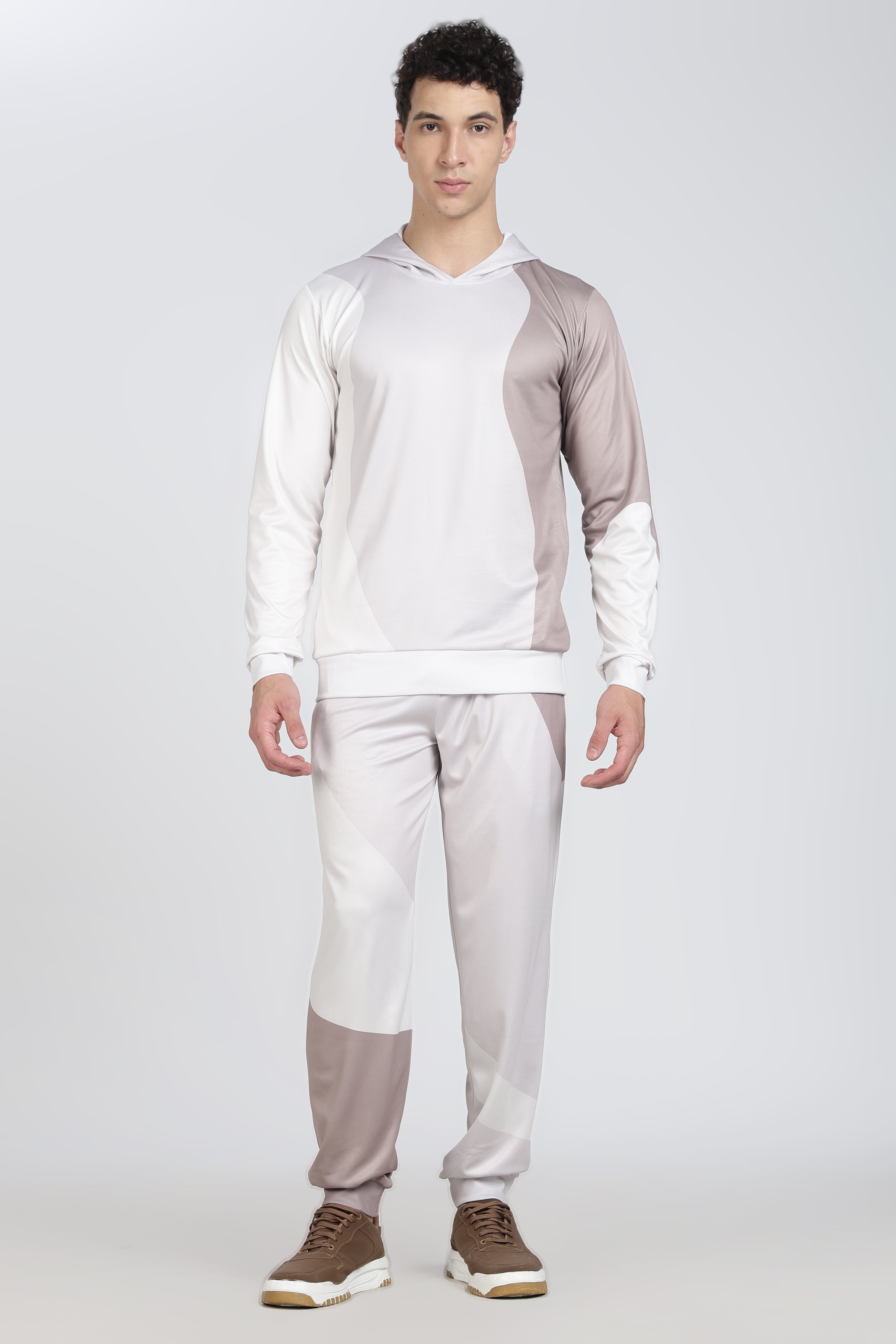 White & Beige Color block Hooded Athletic Jacket – Sporty Performance Hoodies