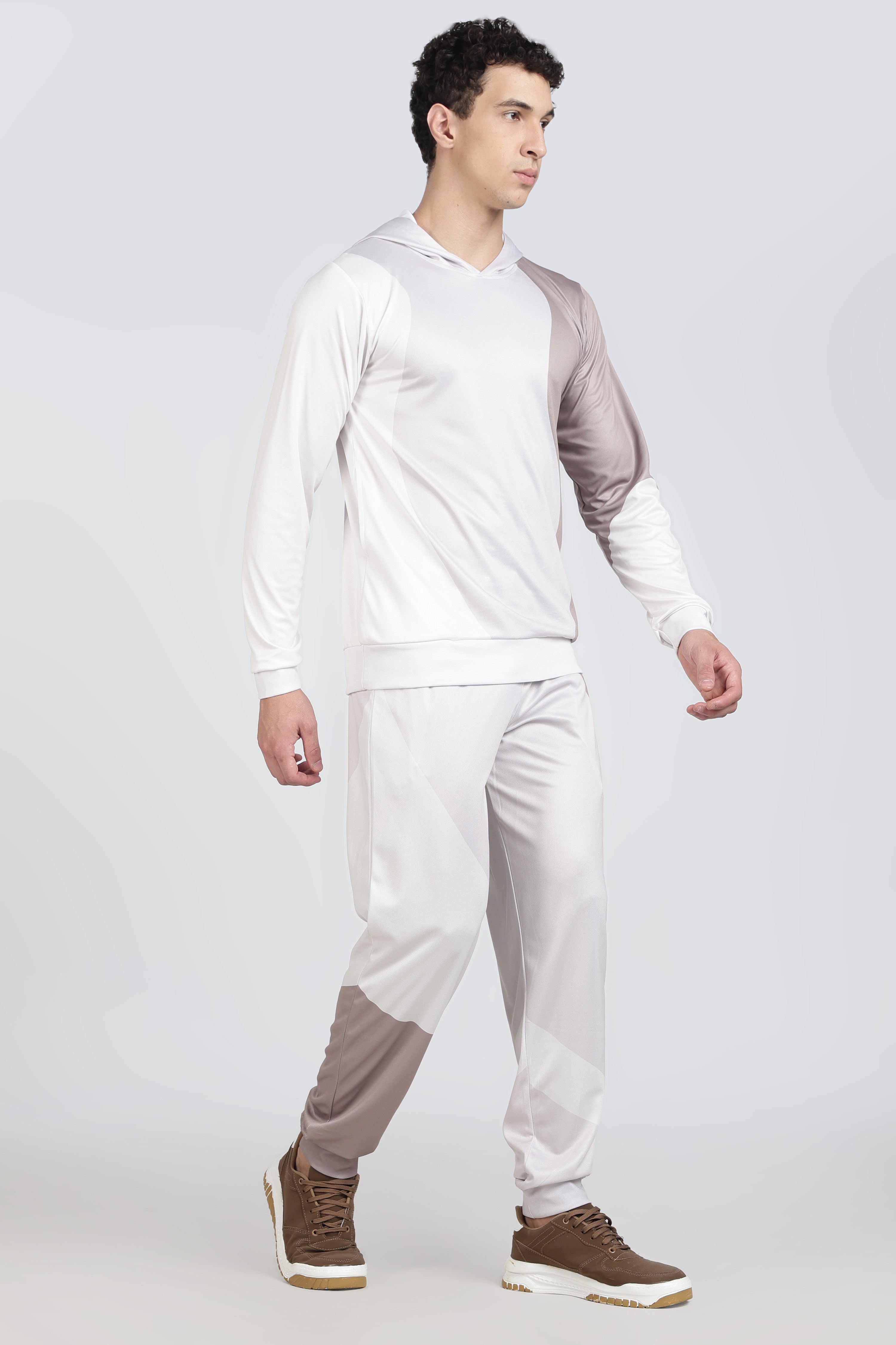 White & Beige Color block Hooded Athletic Jacket – Sporty Performance Hoodies