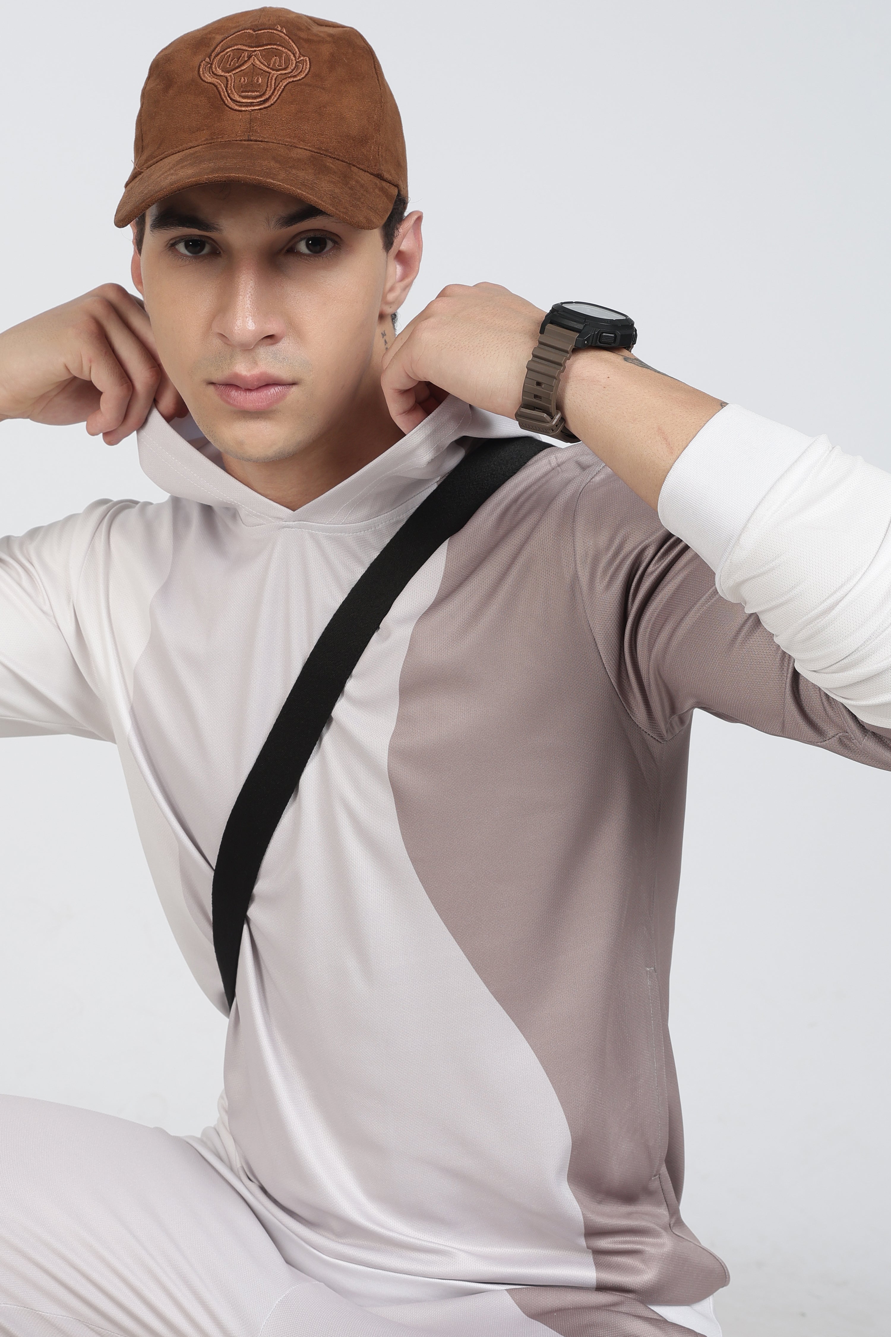 White & Beige Color block Hooded Athletic Jacket – Sporty Performance Hoodies