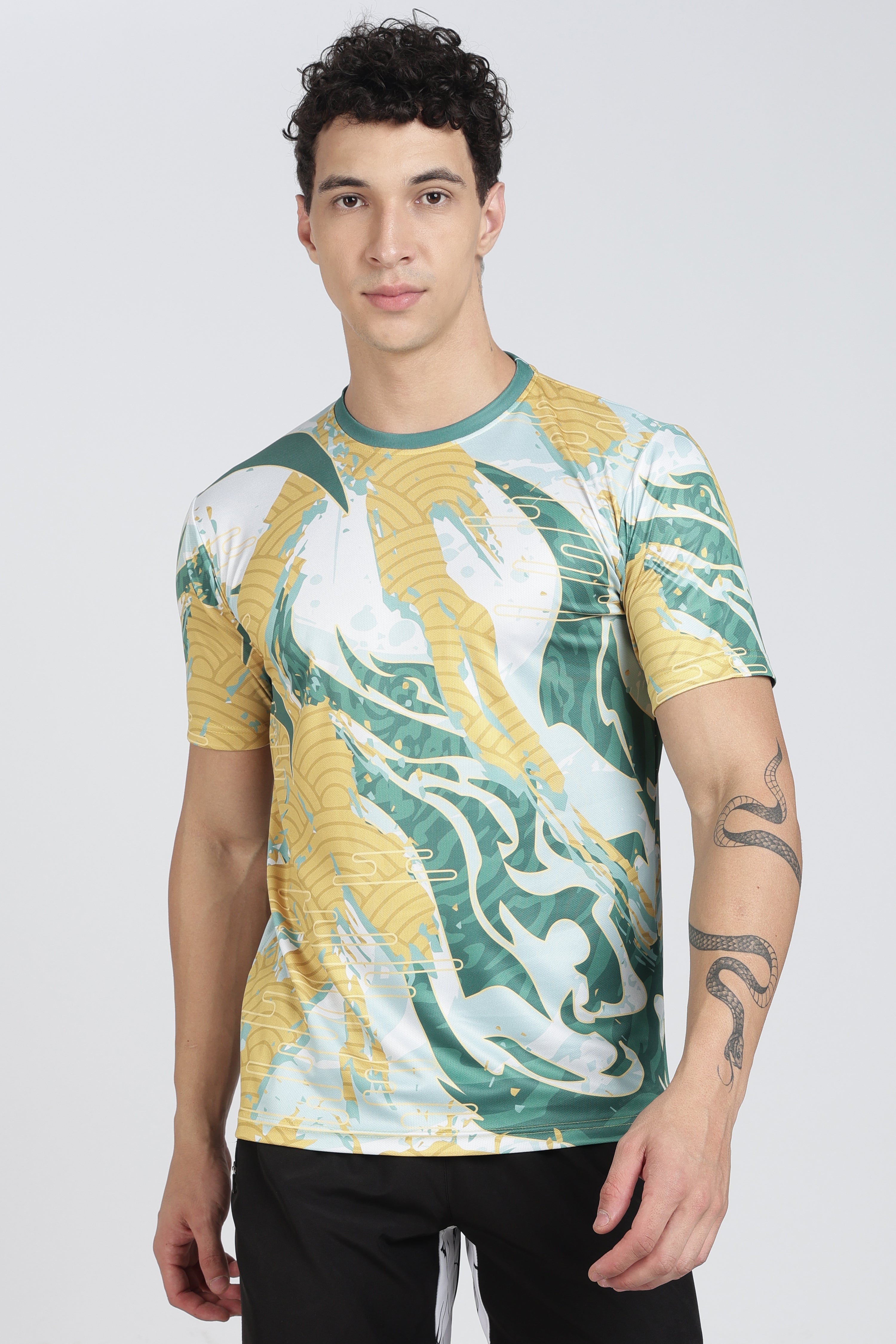 XTEX Green Yellow Abstract Pattern Performance Tee – Fitness Workout T-Shirt