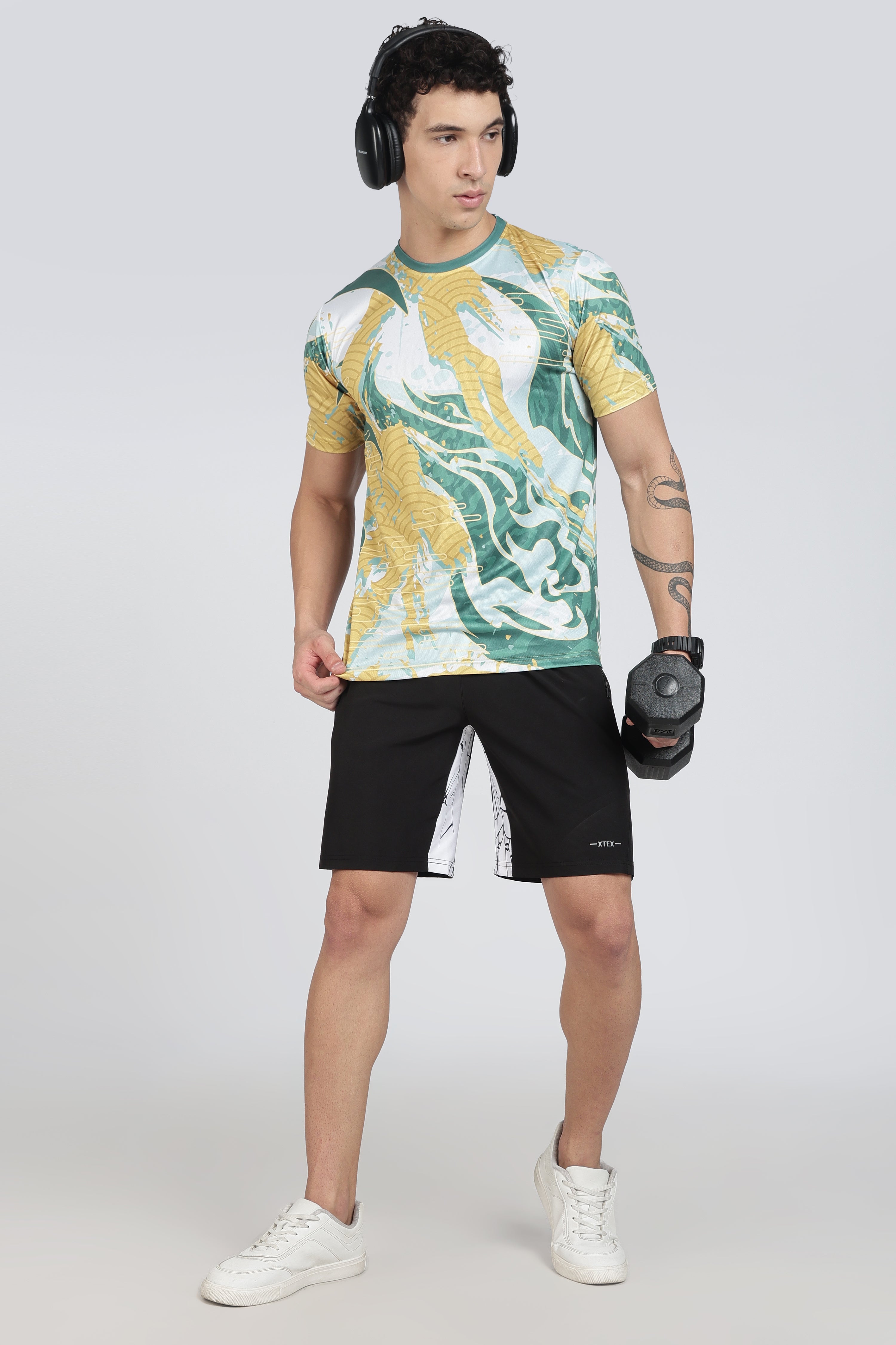 XTEX Green Yellow Abstract Pattern Performance Tee – Fitness Workout T-Shirt