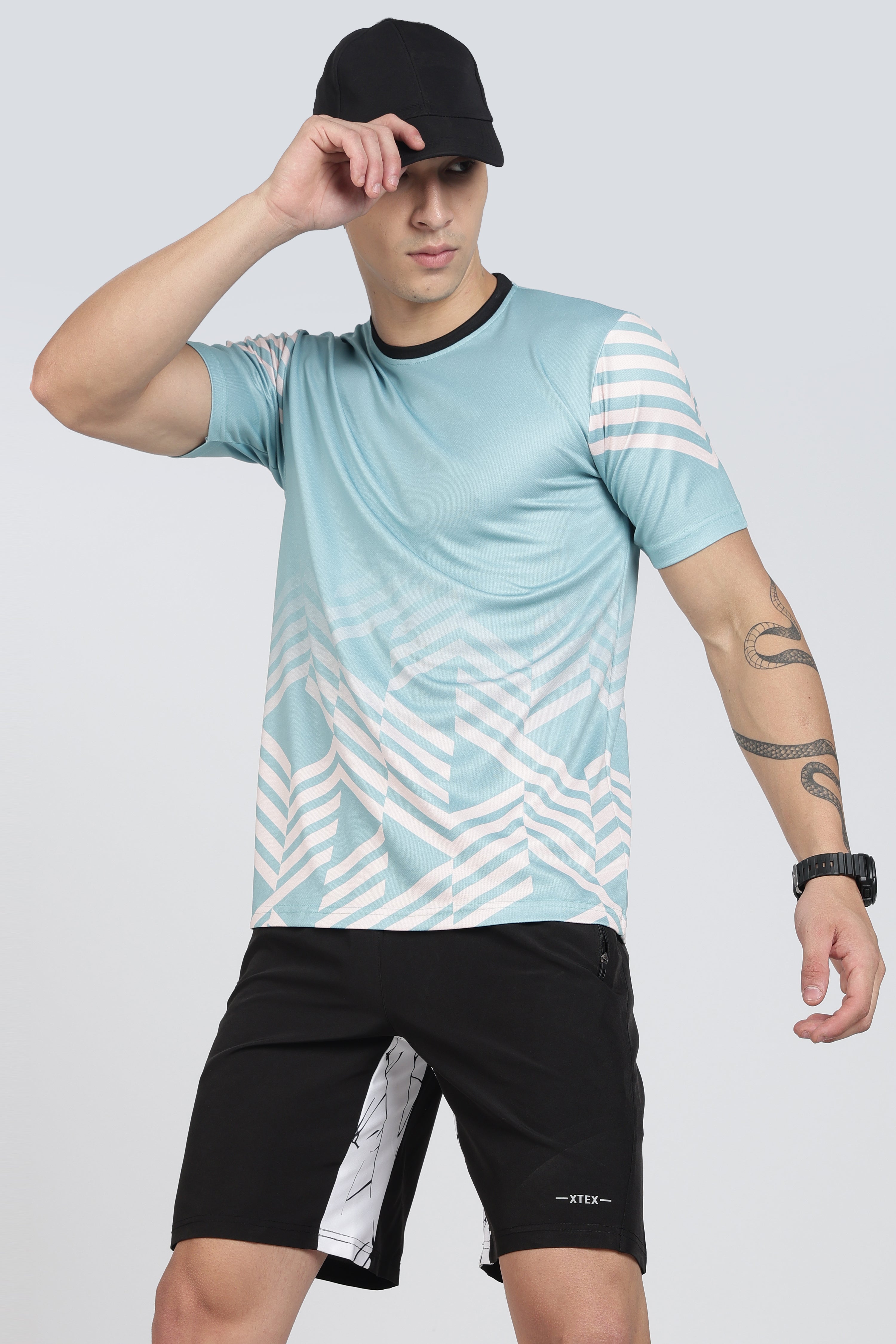 Light Blue Geometric Chevron Performance Tee – Modern Workout T-Shirt