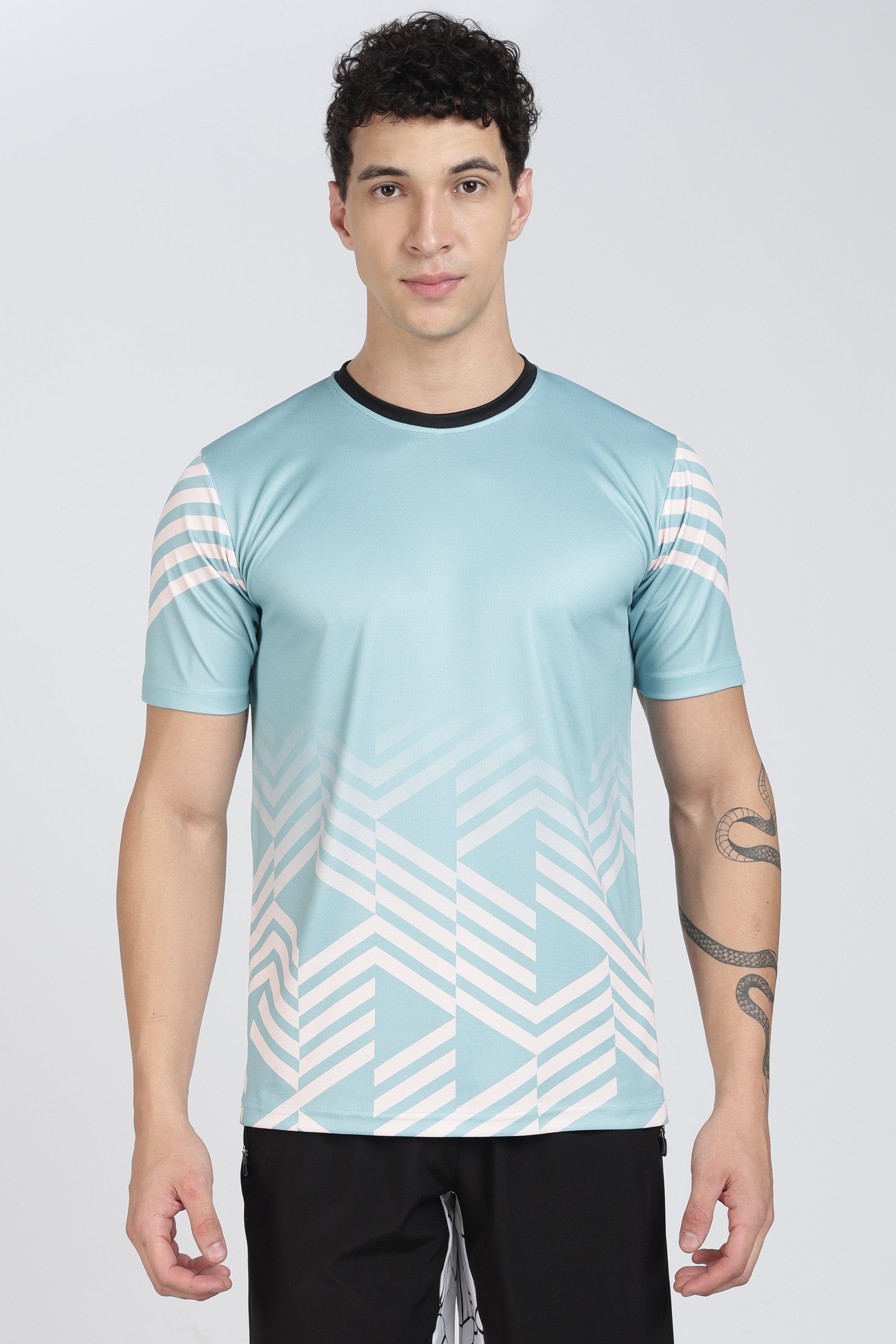 Light Blue Geometric Chevron Performance Tee – Modern Workout T-Shirt