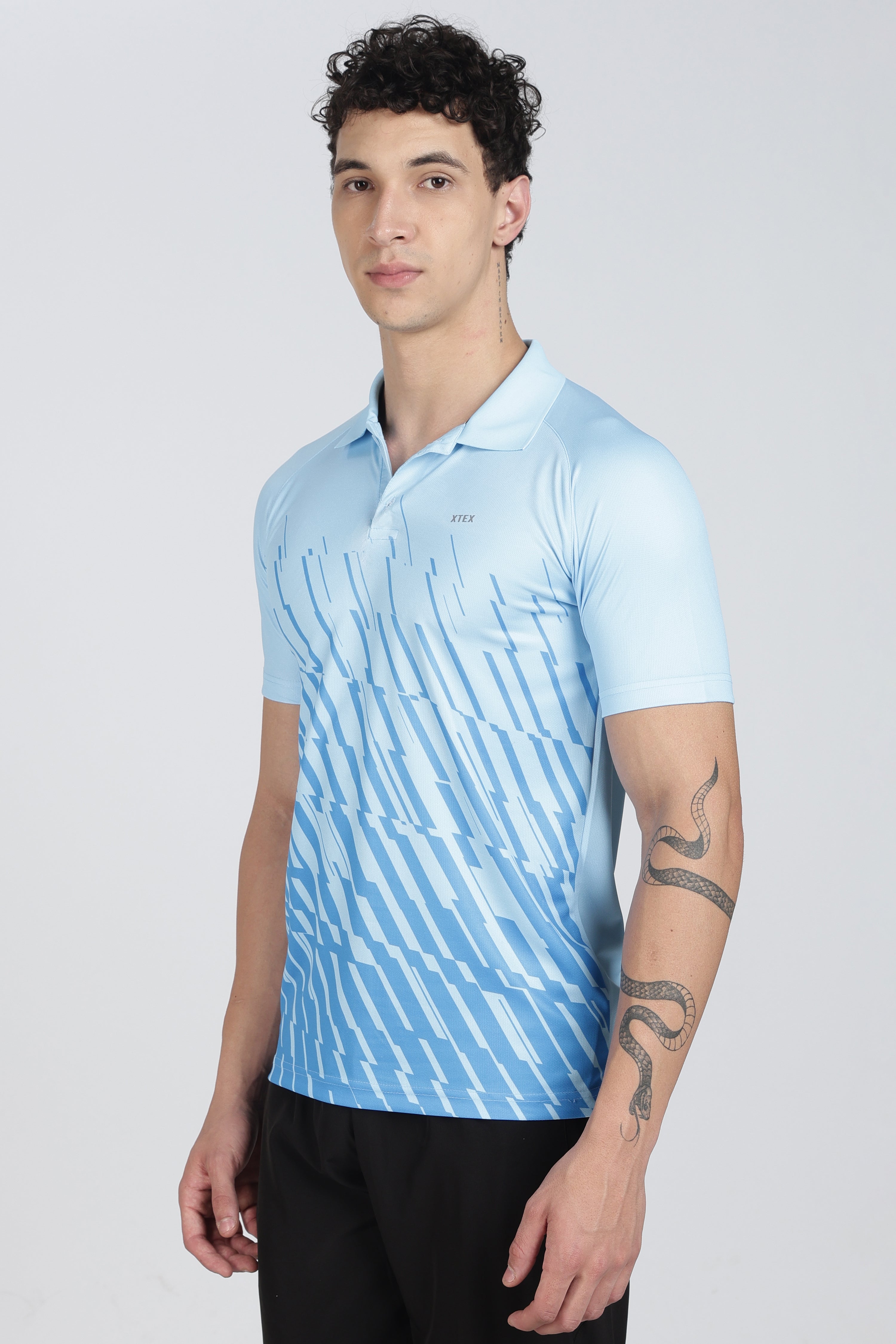 Light Blue Polo – Breathable Diagonal Stripe Activewear for Cricket & Casual