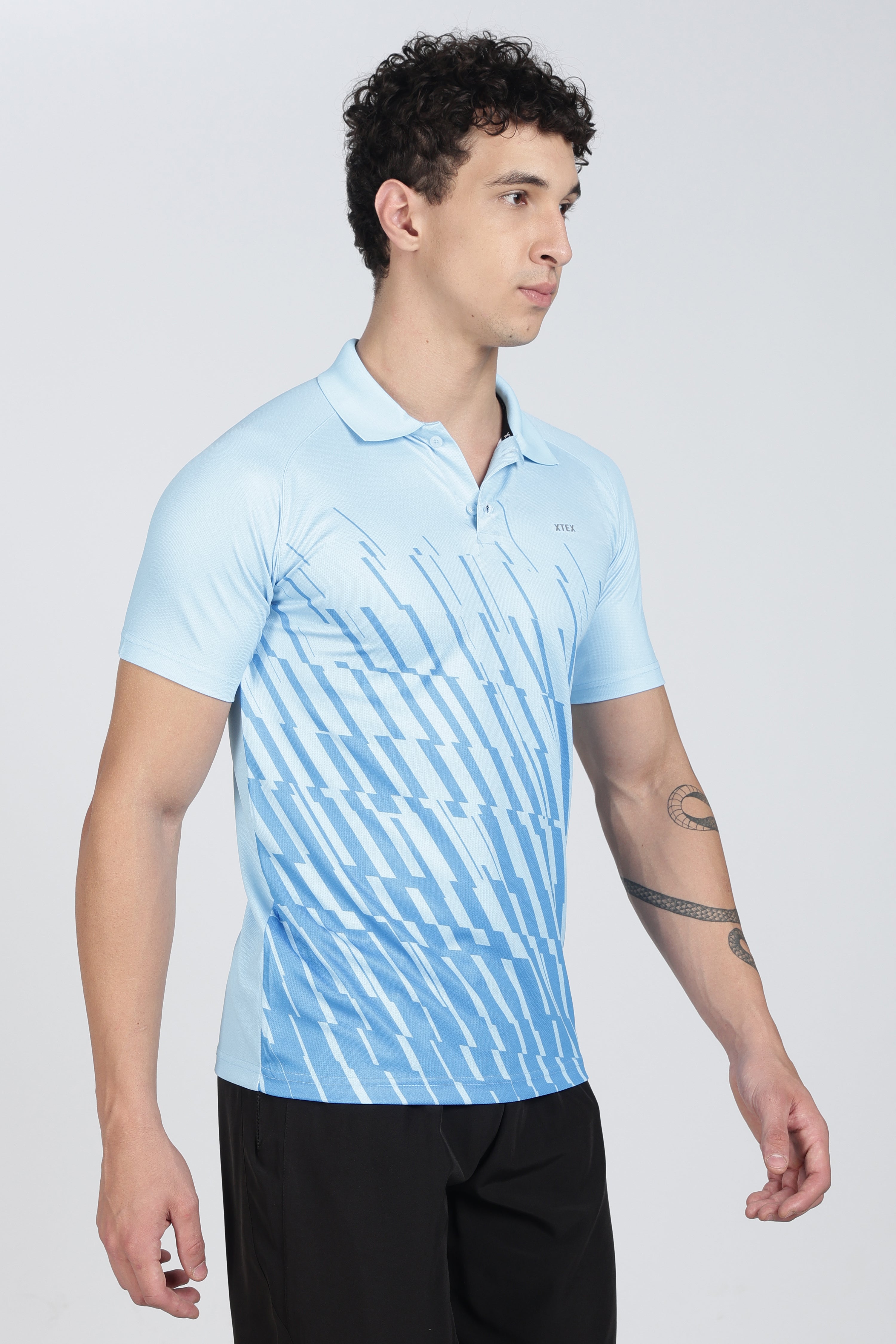 Light Blue Polo – Breathable Diagonal Stripe Activewear for Cricket & Casual