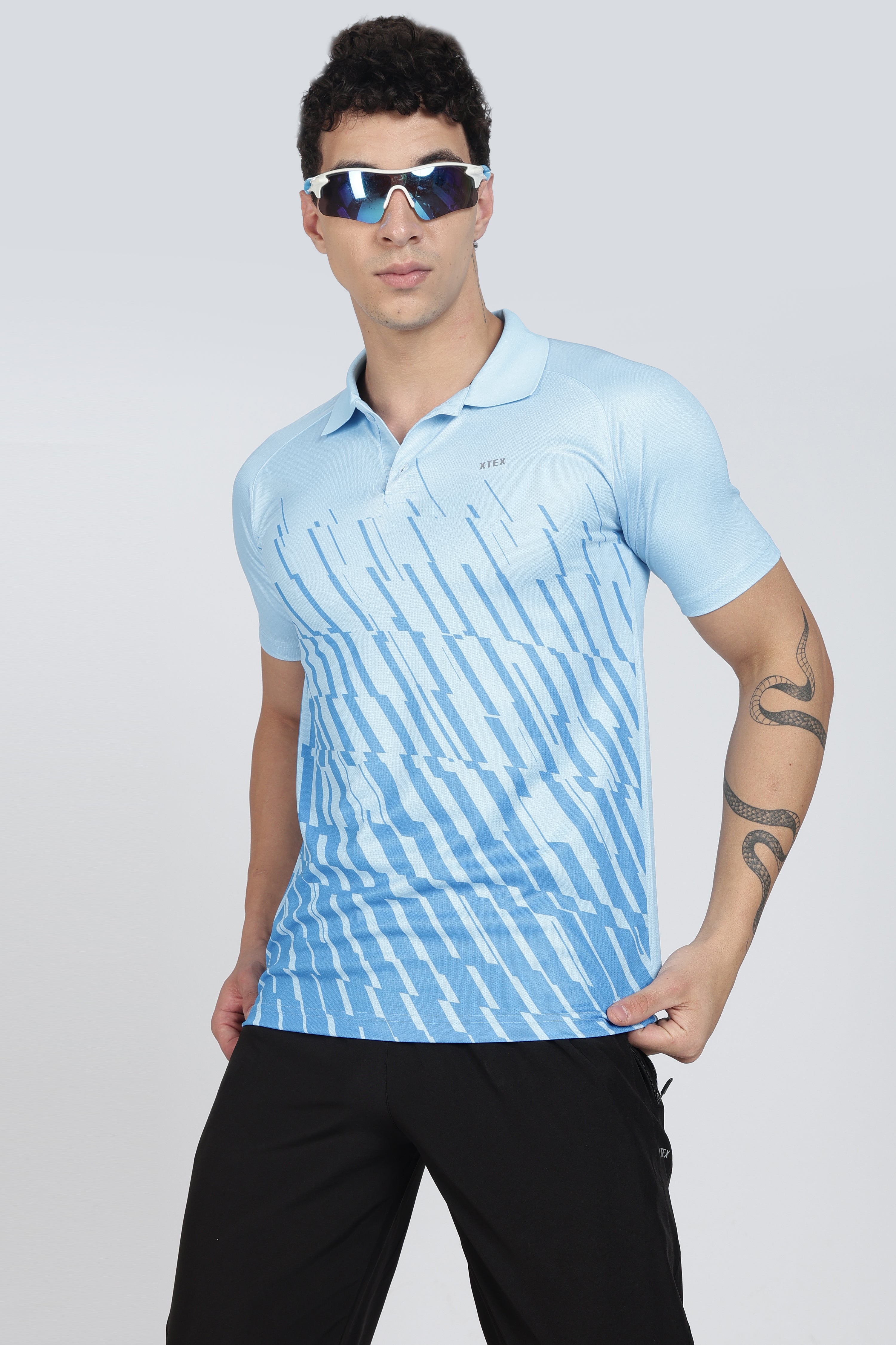 Light Blue Polo – Breathable Diagonal Stripe Activewear for Cricket & Casual