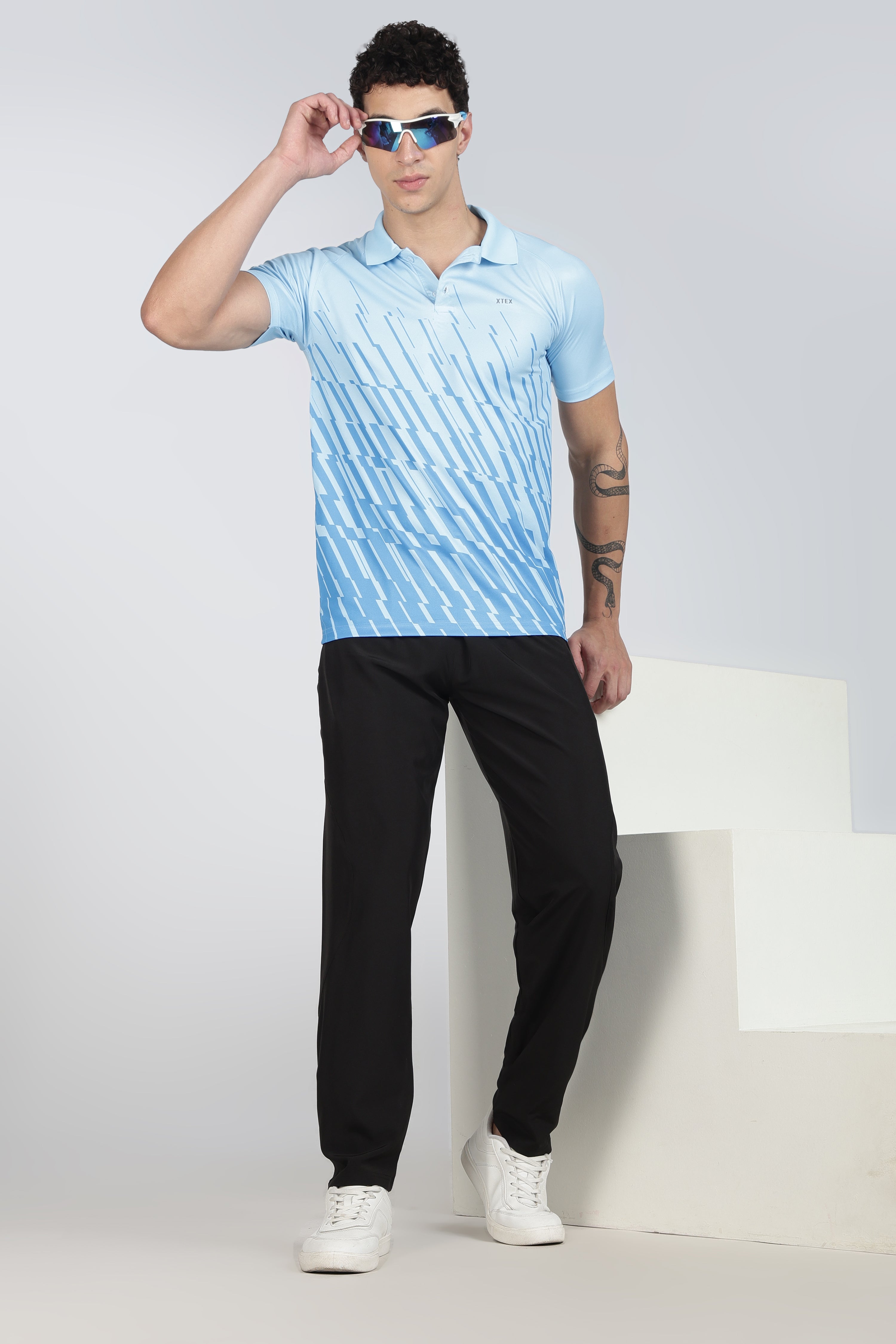 Light Blue Polo – Breathable Diagonal Stripe Activewear for Cricket & Casual