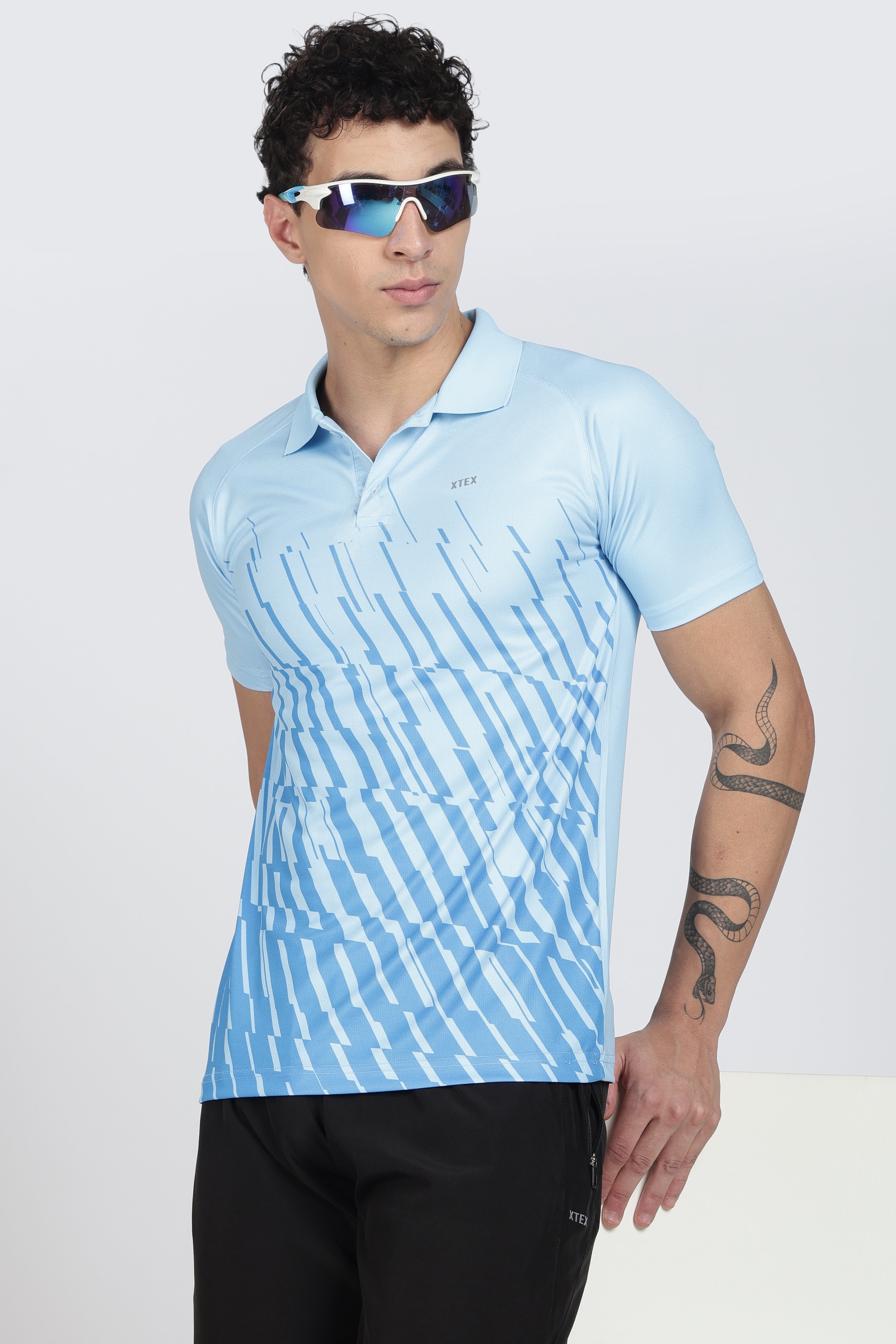 Light Blue Polo – Breathable Diagonal Stripe Activewear for Cricket & Casual