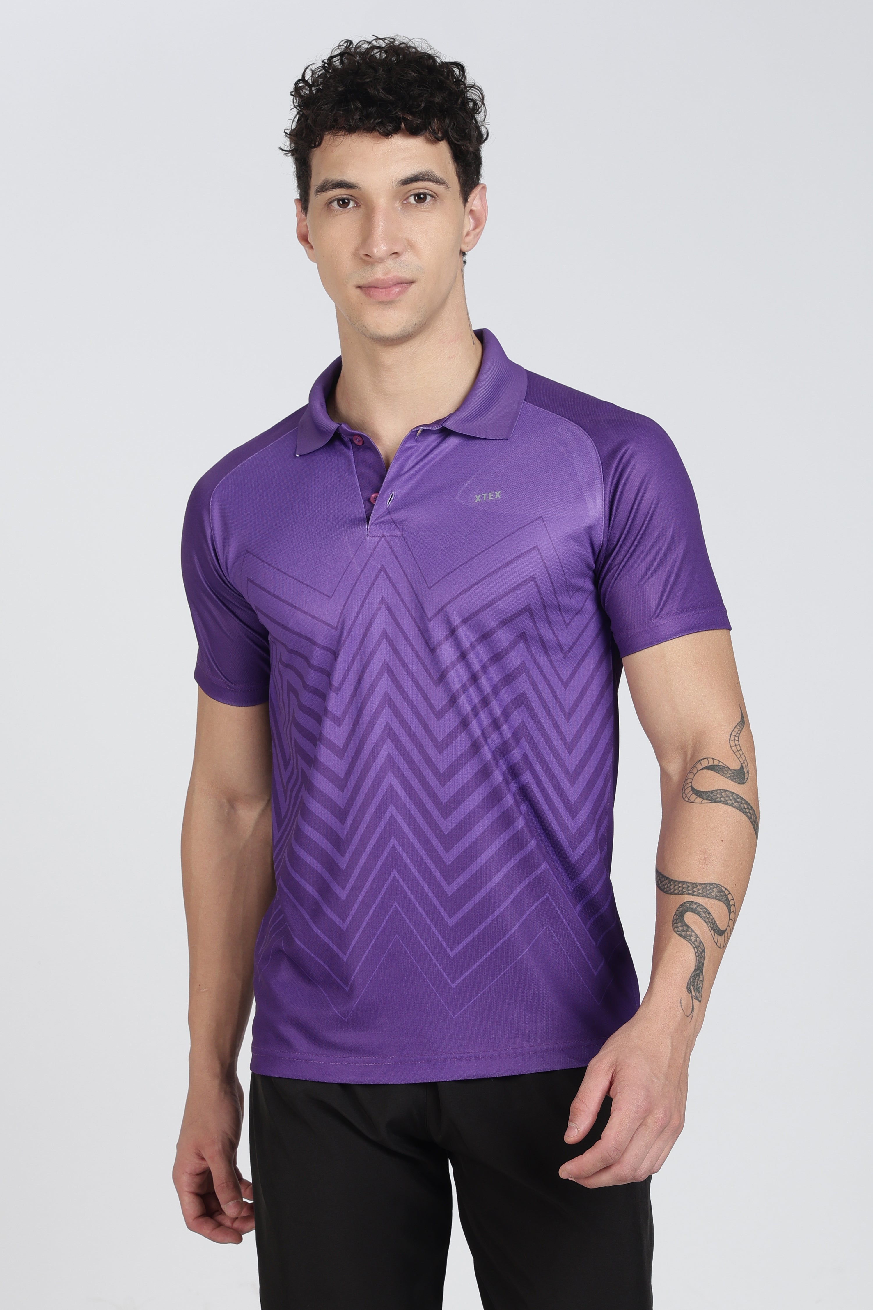 Purple XTEX Performance Polo – Breathable Chevron Stripe for Cricket & Casual