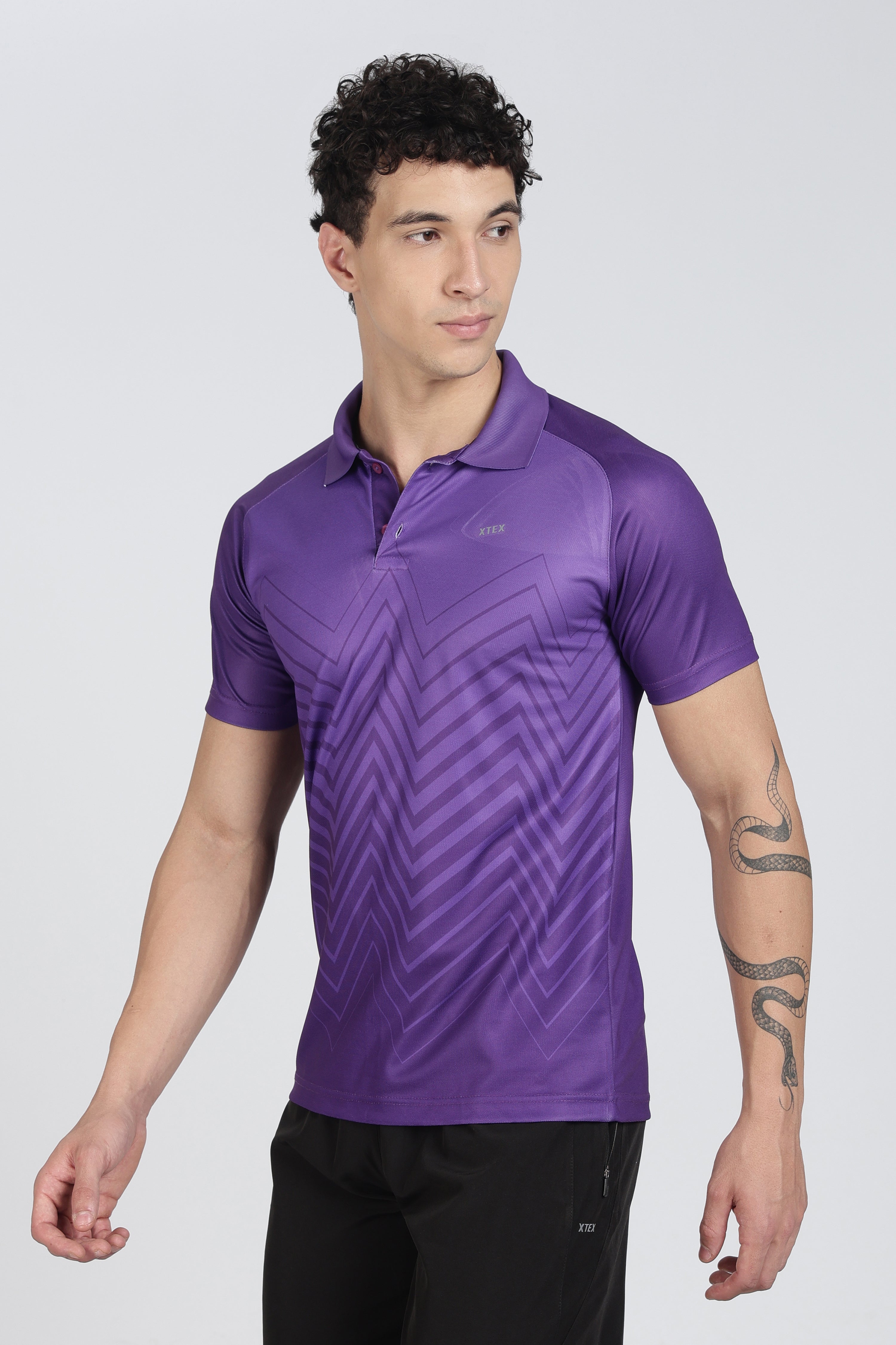 Purple XTEX Performance Polo – Breathable Chevron Stripe for Cricket & Casual