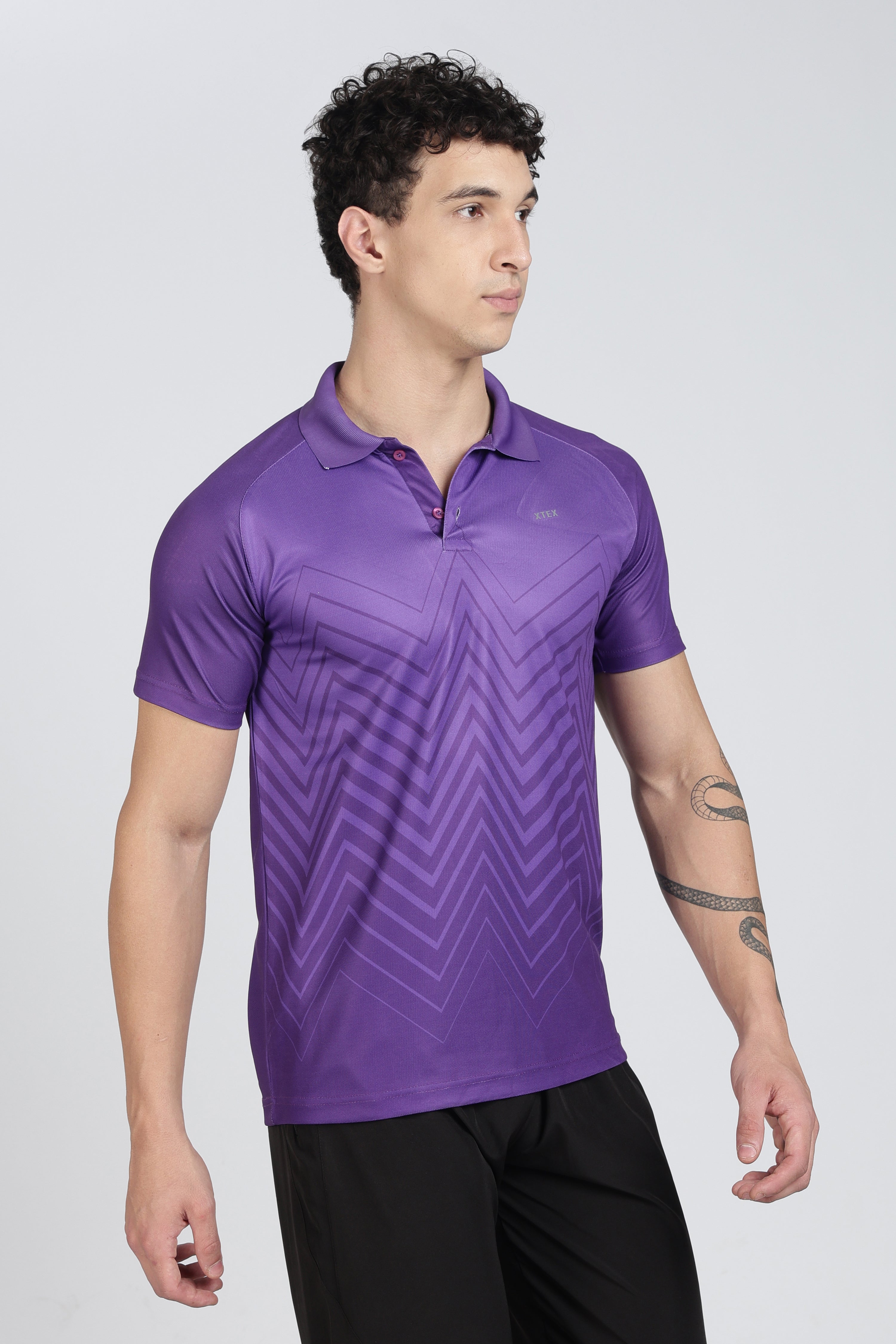 Purple XTEX Performance Polo – Breathable Chevron Stripe for Cricket & Casual